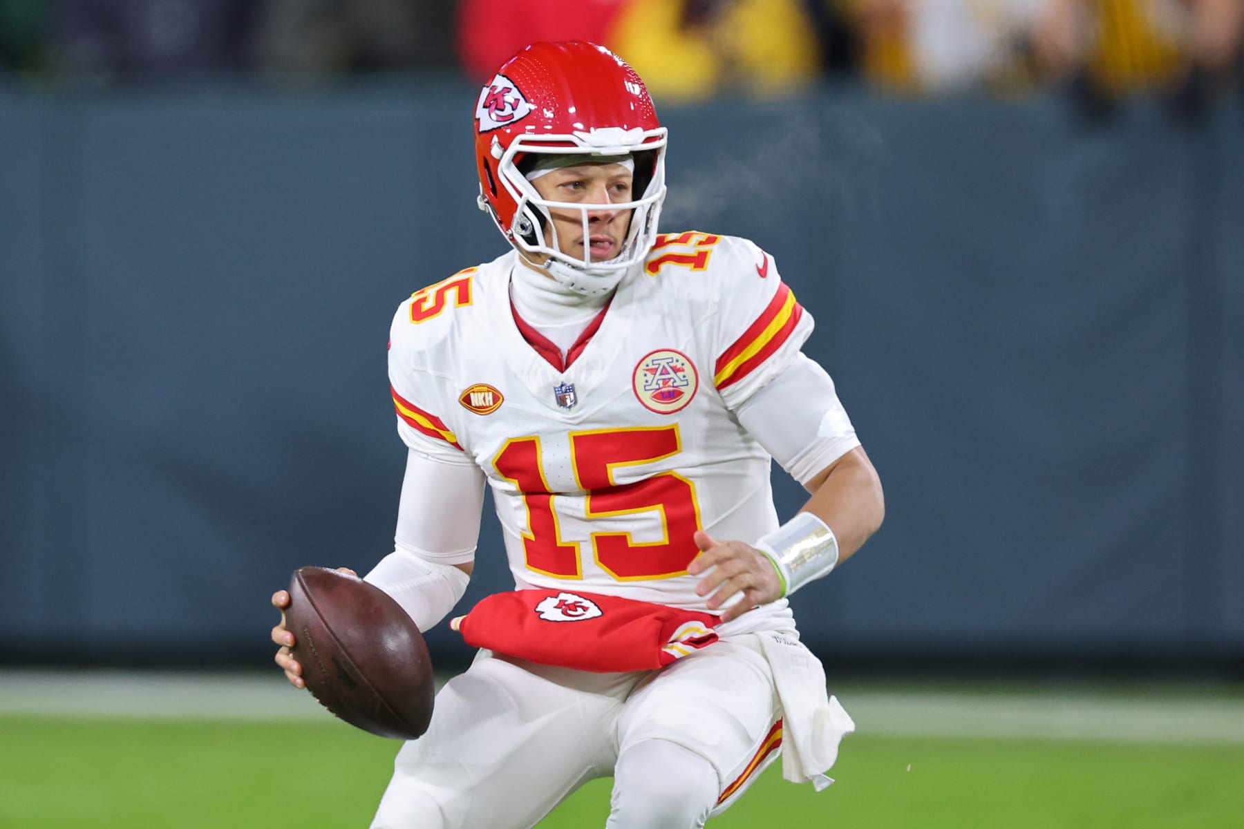 GREEN BAY, WISCONSIN - DECEMBER 03: Patrick Mahomes #15 of the Kansas City Chiefs looks to pass during the first half against the Green Bay Packers at Lambeau Field on December 03, 2023 in Green Bay, Wisconsin. (Photo by Stacy Revere/Getty Images)