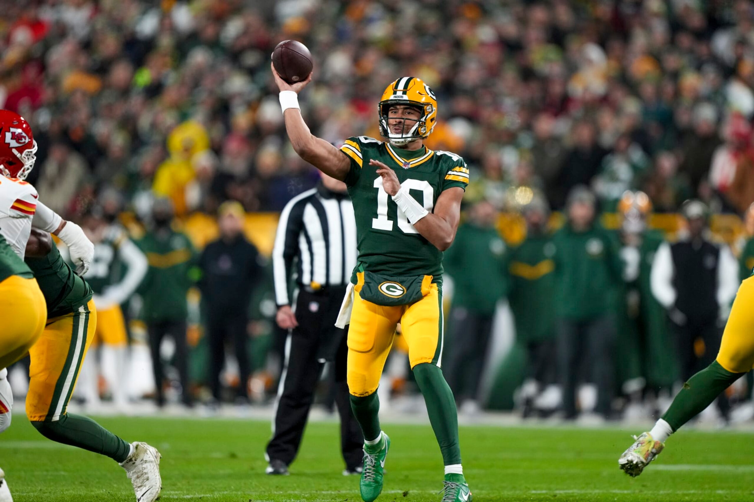 GREEN BAY, WI - DECEMBER 3: Quarterback Jordan Love #10 of the Green Bay Packers throws the ball during an NFL football game against the Kansas City Chiefs at Lambeau Field on December 3, 2023 in Green Bay, Wisconsin. (Photo by Todd Rosenberg/Getty Images)