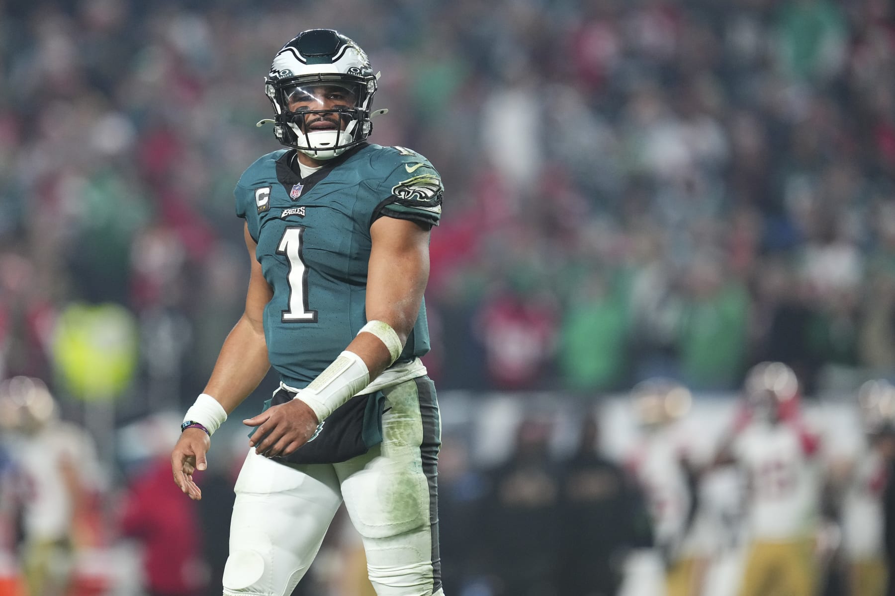 PHILADELPHIA, PENNSYLVANIA - DECEMBER 3: Jalen Hurts #1 of the Philadelphia Eagles looks on against the San Francisco 49ers at Lincoln Financial Field on December 3, 2023 in Philadelphia, Pennsylvania. (Photo by Mitchell Leff/Getty Images)