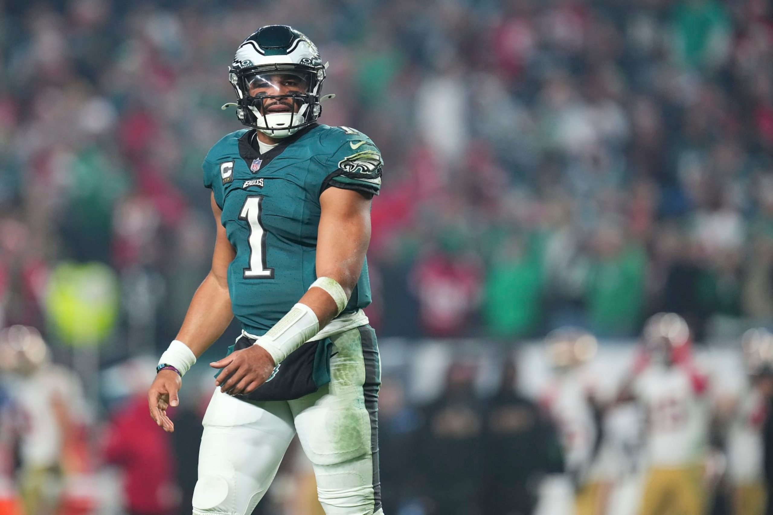 PHILADELPHIA, PENNSYLVANIA - DECEMBER 3: Jalen Hurts #1 of the Philadelphia Eagles looks on against the San Francisco 49ers at Lincoln Financial Field on December 3, 2023 in Philadelphia, Pennsylvania. (Photo by Mitchell Leff/Getty Images)