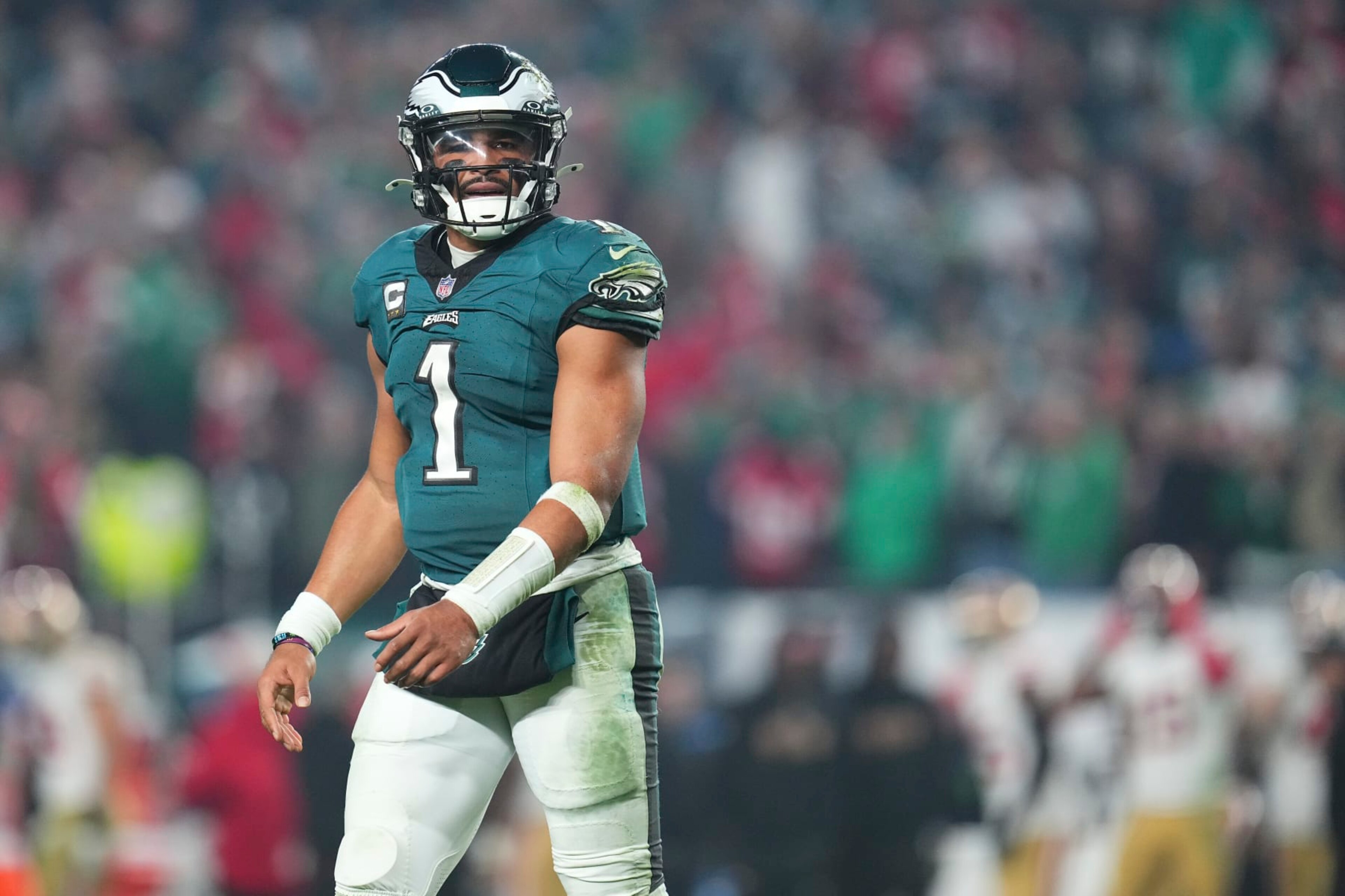 PHILADELPHIA, PENNSYLVANIA - DECEMBER 3: Jalen Hurts #1 of the Philadelphia Eagles looks on against the San Francisco 49ers at Lincoln Financial Field on December 3, 2023 in Philadelphia, Pennsylvania. (Photo by Mitchell Leff/Getty Images)