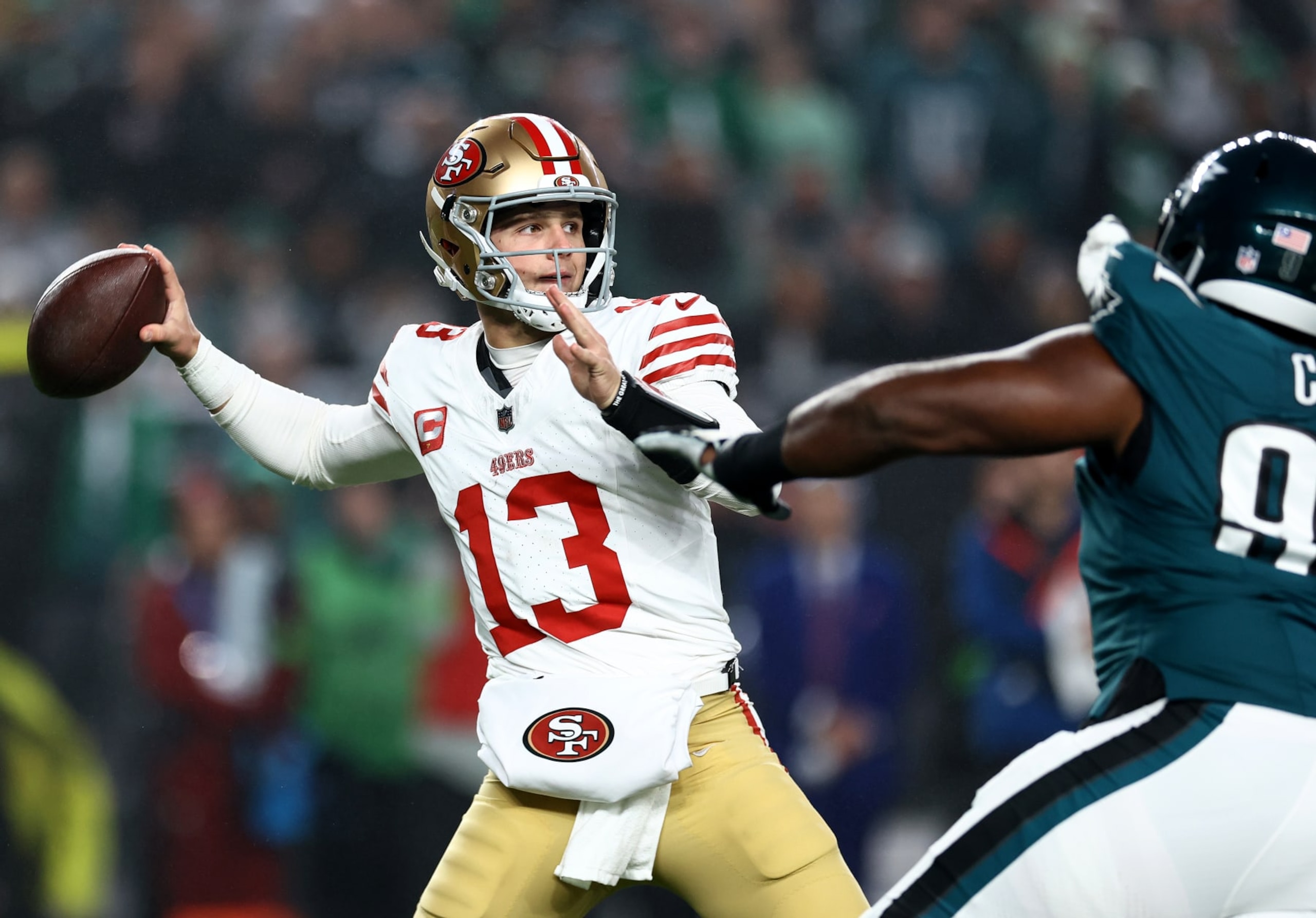 PHILADELPHIA, PENNSYLVANIA - DECEMBER 03: Brock Purdy #13 of the San Francisco 49ers throws a pass during the first quarter in the game against the Philadelphia Eagles at Lincoln Financial Field on December 03, 2023 in Philadelphia, Pennsylvania. (Photo by Tim Nwachukwu/Getty Images)