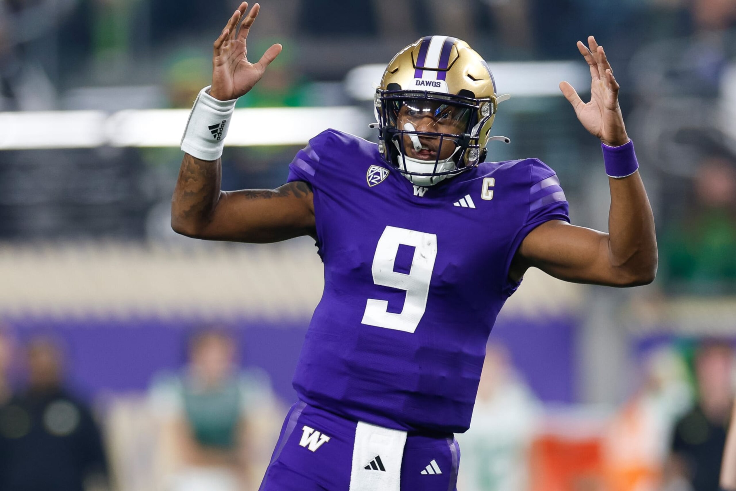 LAS VEGAS, NEVADA - DECEMBER 1: Michael Penix Jr. #9 of the Washington Huskies celebrates a touchdown in the first quarter during the Pac-12 Championship game against the Oregon Ducks at Allegiant Stadium on December 1, 2023 in Las Vegas, Nevada. (Photo by Brandon Sloter/Image Of Sport/Getty Images)