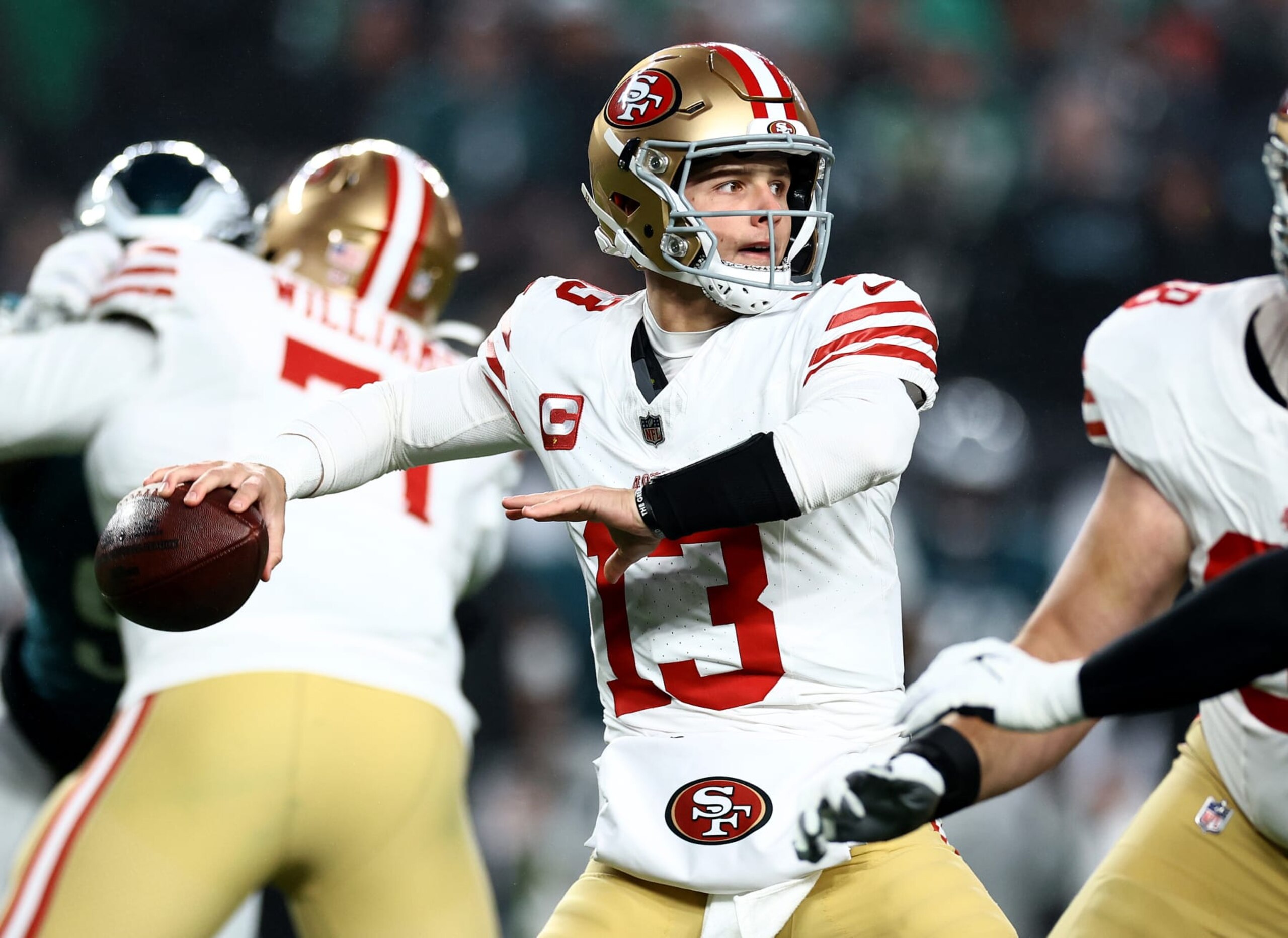PHILADELPHIA, PENNSYLVANIA - DECEMBER 03: Brock Purdy #13 of the San Francisco 49ers throws a pass during the first quarter in the game against the Philadelphia Eagles at Lincoln Financial Field on December 03, 2023 in Philadelphia, Pennsylvania. (Photo by Tim Nwachukwu/Getty Images)