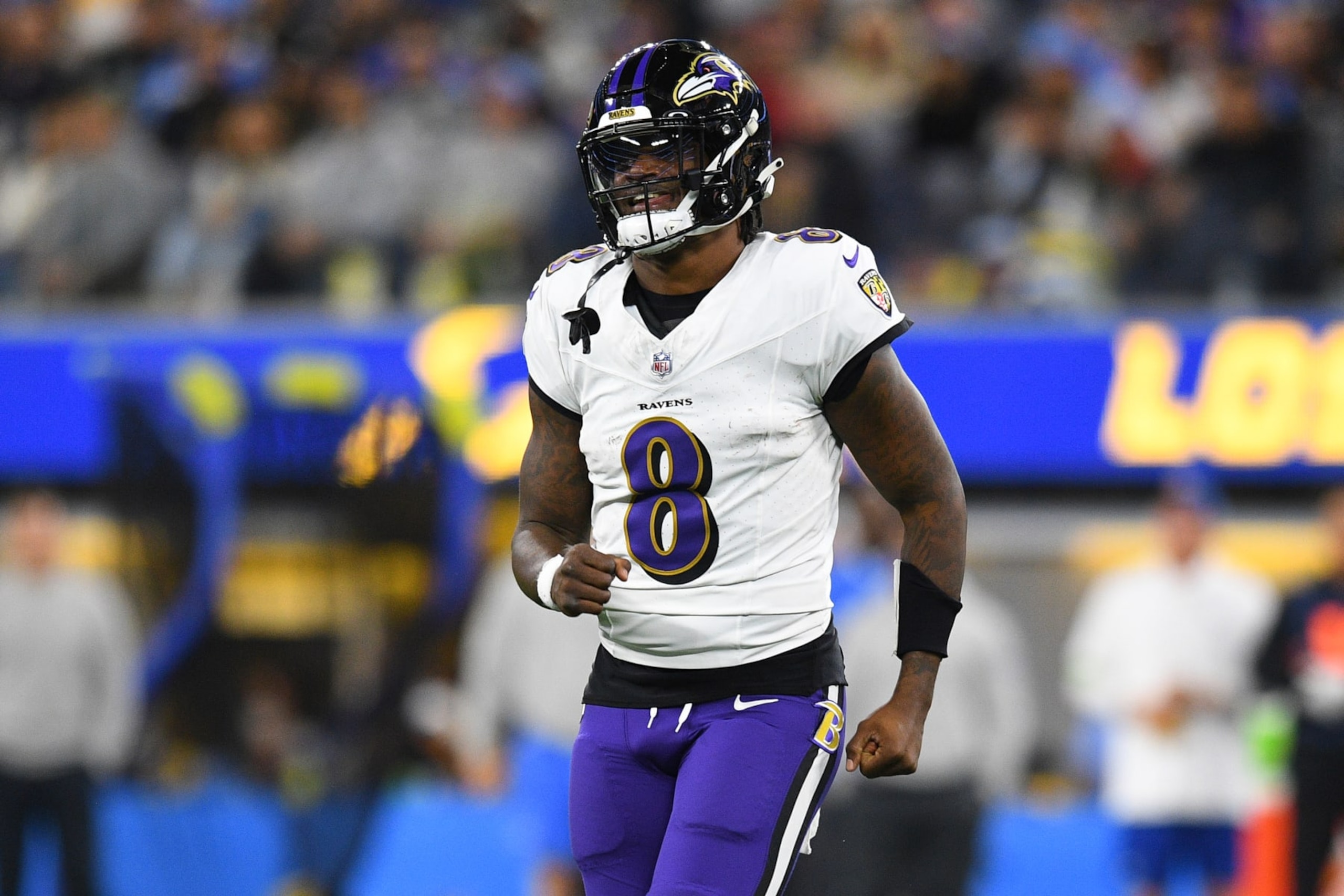 INGLEWOOD, CA - NOVEMBER 26: Baltimore Ravens quarterback Lamar Jackson (8) looks on during the NFL regular season game between the Baltimore Ravens and the Los Angeles Chargers on November 26, 2023, at SoFi Stadium in Inglewood, CA. (Photo by Brian Rothmuller/Icon Sportswire via Getty Images)