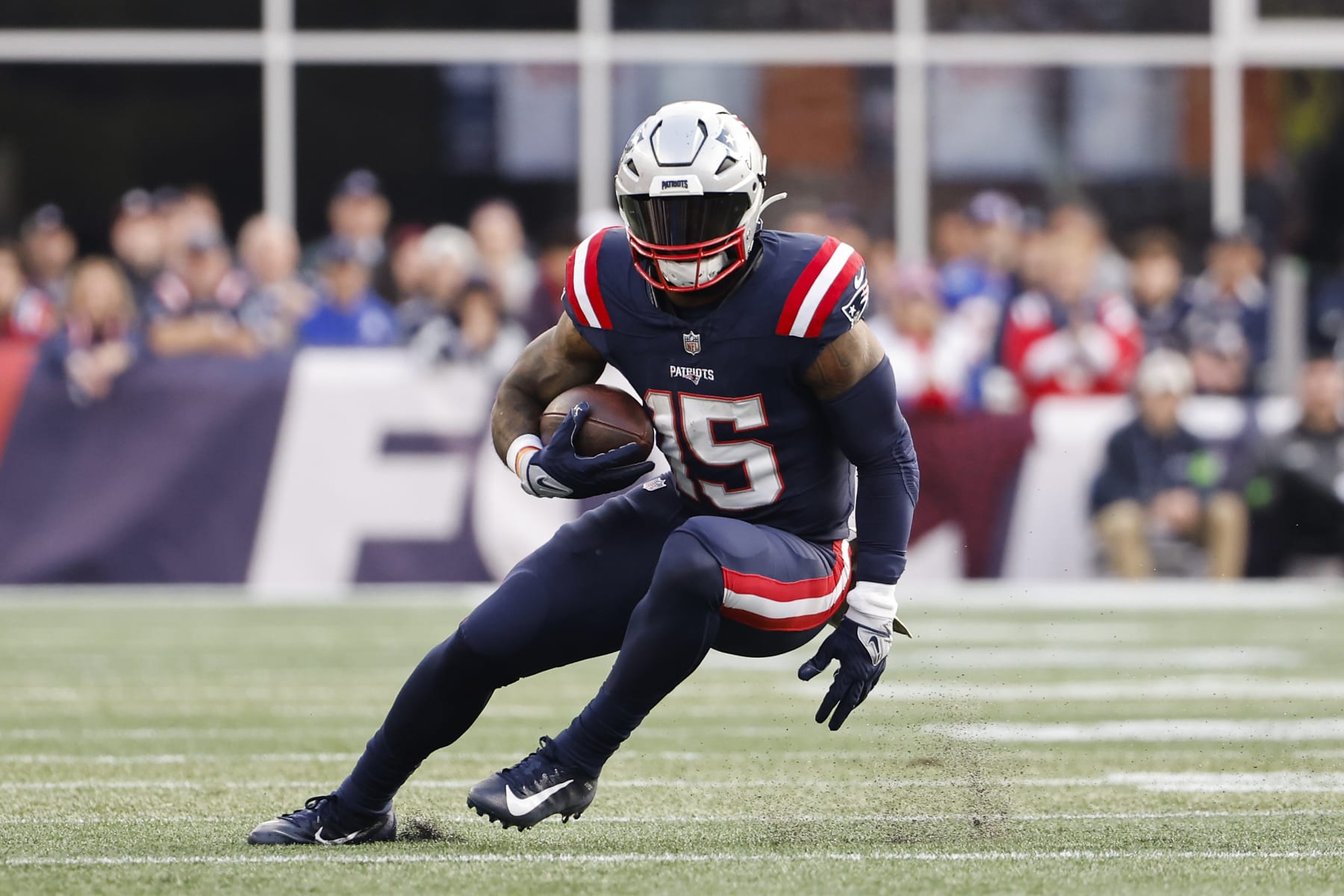 New England Patriots' Ezekiel Elliott runs against the Washington Commanders during an NFL football game at Gillette Stadium, Sunday Nov. 5, 2023 in Foxborough, Mass. (Winslow Townson/AP Images for Panini)