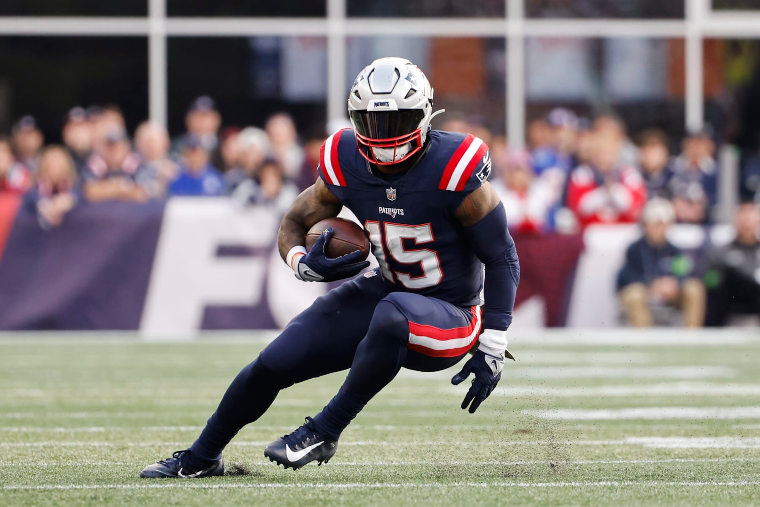 New England Patriots' Ezekiel Elliott runs against the Washington Commanders during an NFL football game at Gillette Stadium, Sunday Nov. 5, 2023 in Foxborough, Mass. (Winslow Townson/AP Images for Panini)