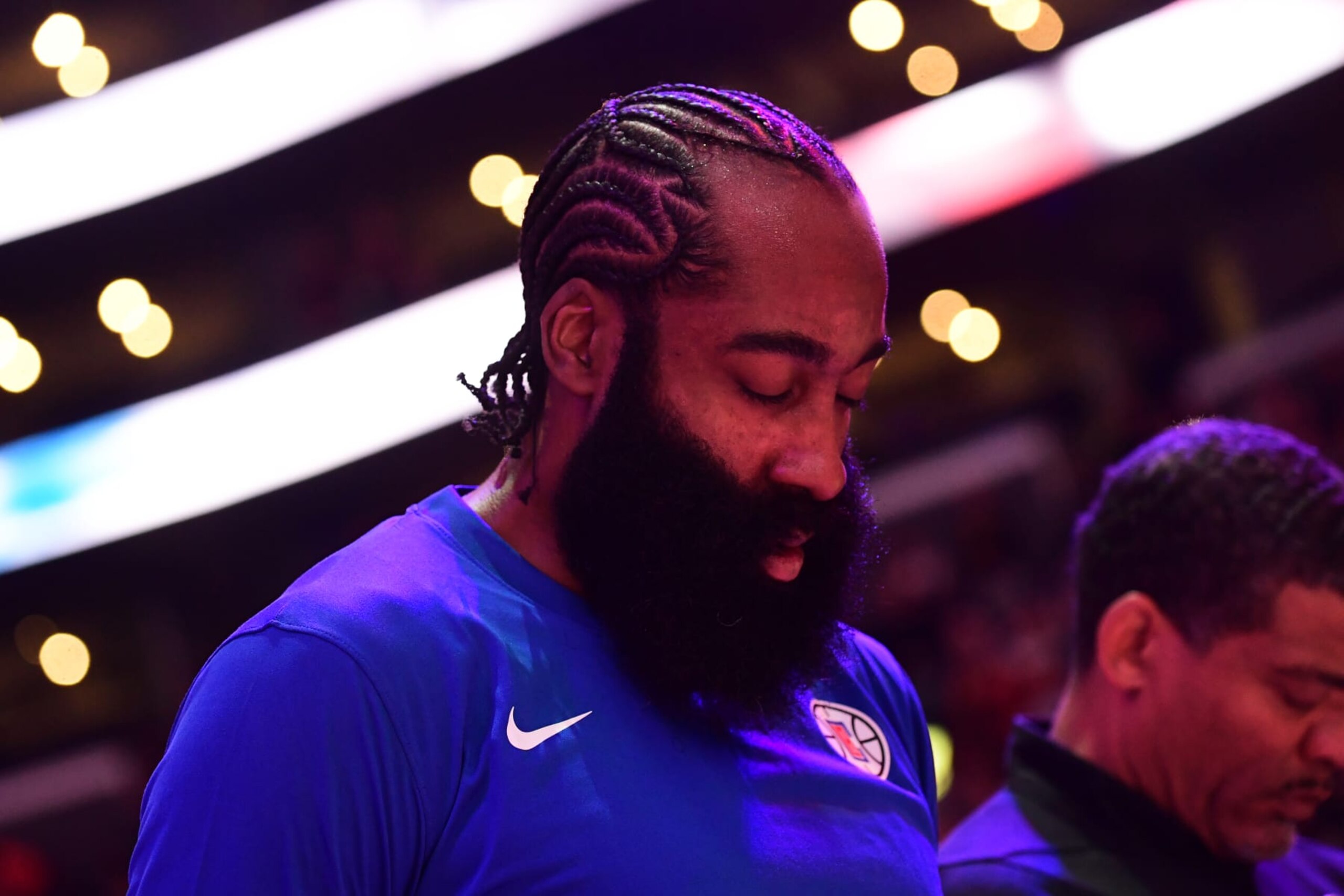 LOS ANGELES, CA - DECEMBER 2:  James Harden #1 of the LA Clippers stands for the National Anthem before the game against the Golden State Warriors on December 2, 2023 at Crypto.Com Arena in Los Angeles, California. NOTE TO USER: User expressly acknowledges and agrees that, by downloading and/or using this Photograph, user is consenting to the terms and conditions of the Getty Images License Agreement. Mandatory Copyright Notice: Copyright 2023 NBAE (Photo by Adam Pantozzi/NBAE via Getty Images)