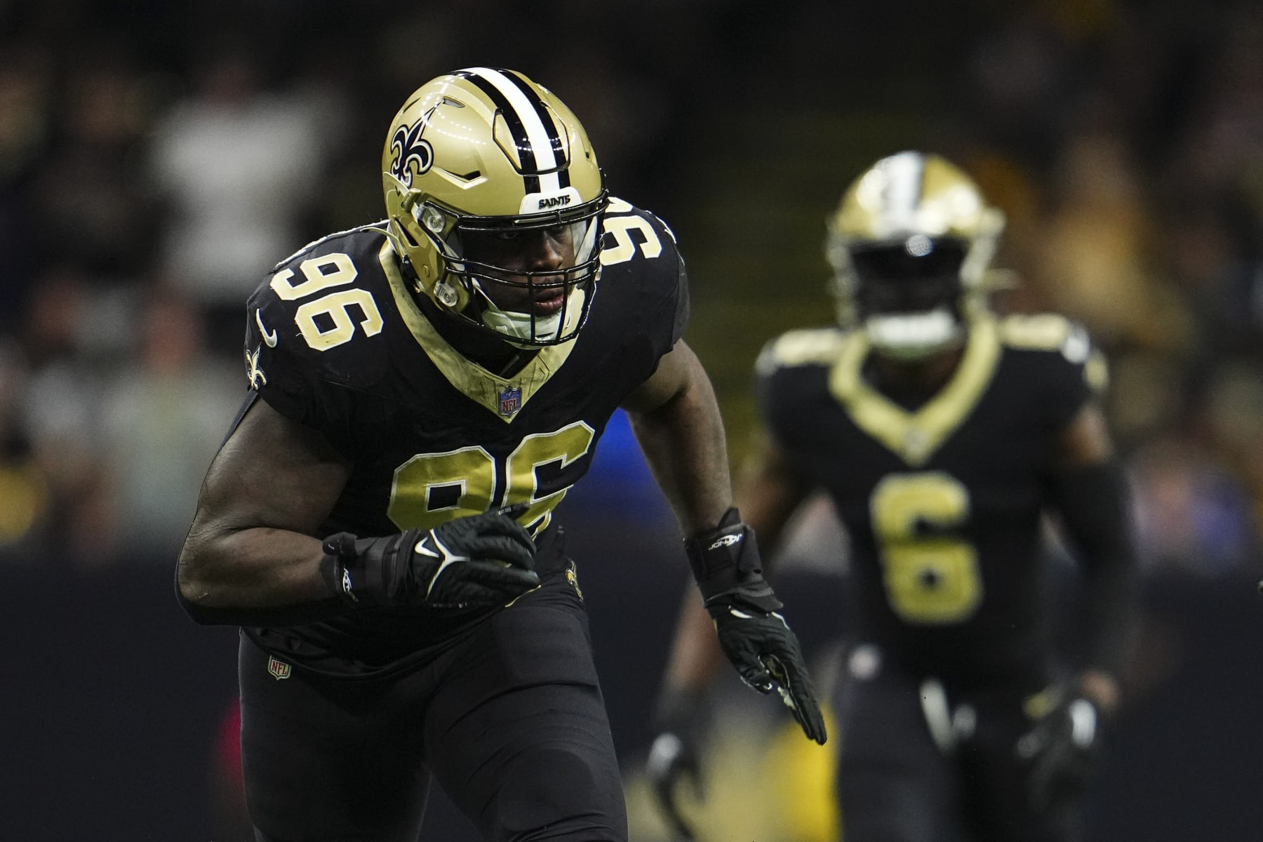 NEW ORLEANS, LA - OCTOBER 19: Carl Granderson #96 of the New Orleans Saints rushes the passer during an NFL football game against the Jacksonville Jaguars at Caesars Superdome on October 19, 2023 in New Orleans, Louisiana. (Photo by Cooper Neill/Getty Images)