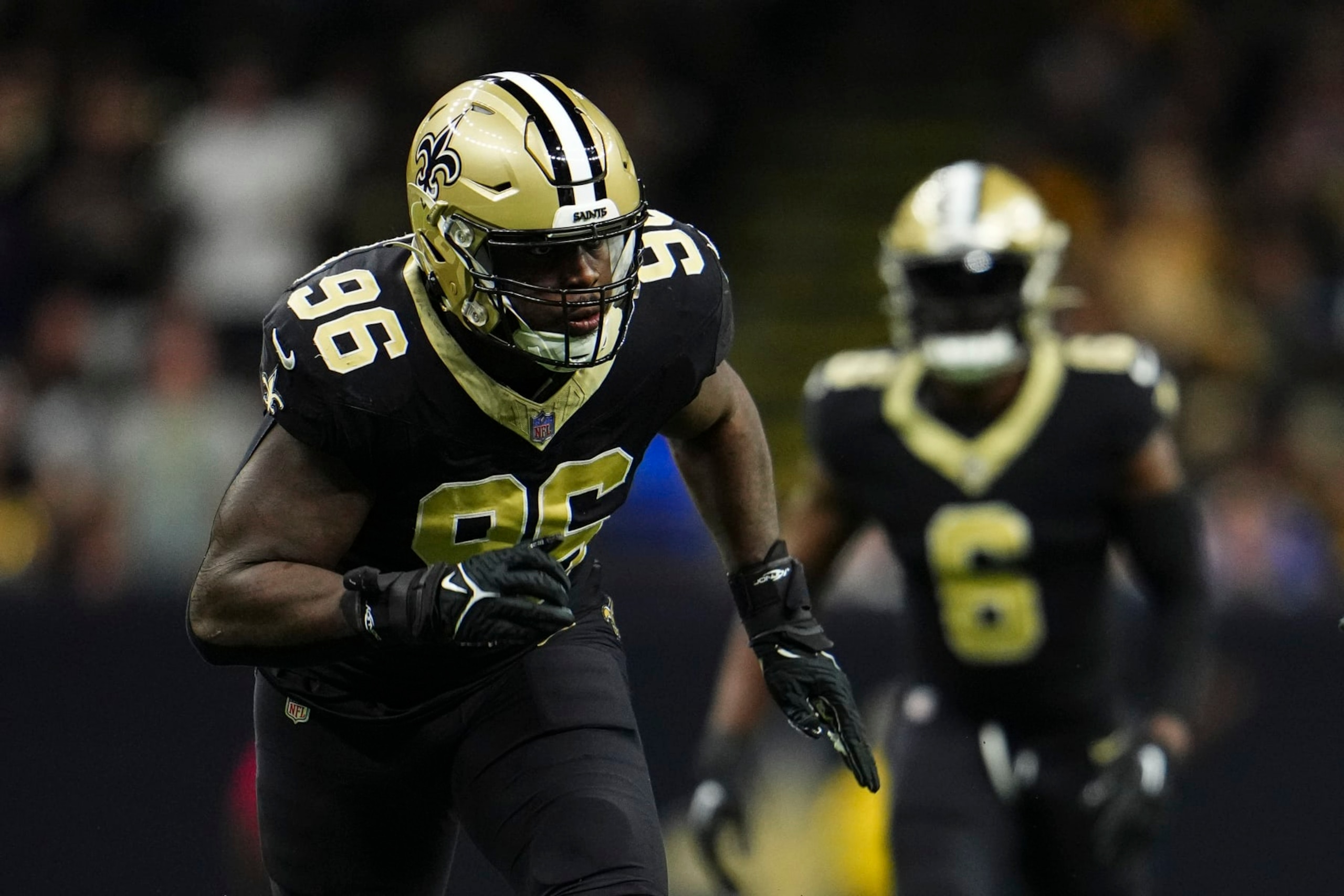 NEW ORLEANS, LA - OCTOBER 19: Carl Granderson #96 of the New Orleans Saints rushes the passer during an NFL football game against the Jacksonville Jaguars at Caesars Superdome on October 19, 2023 in New Orleans, Louisiana. (Photo by Cooper Neill/Getty Images)