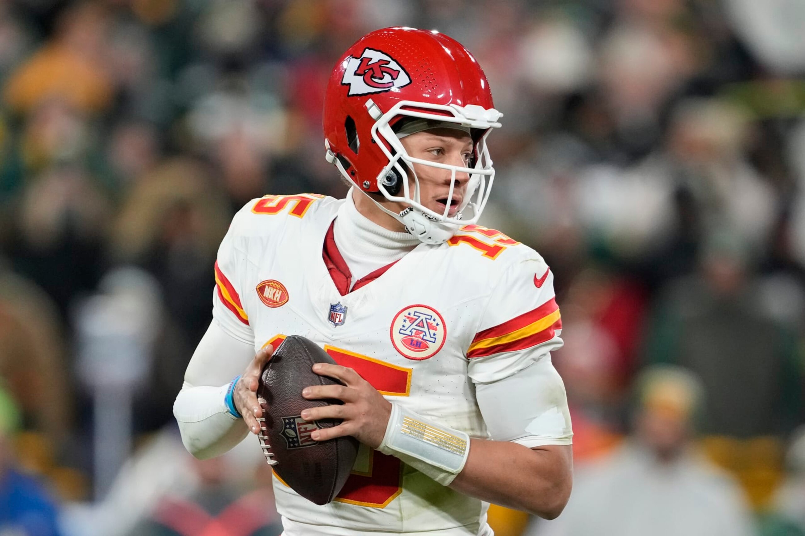 GREEN BAY, WISCONSIN - DECEMBER 03: Patrick Mahomes #15 of the Kansas City Chiefs looks to pass during the second half against the Green Bay Packers at Lambeau Field on December 03, 2023 in Green Bay, Wisconsin. (Photo by Patrick McDermott/Getty Images)