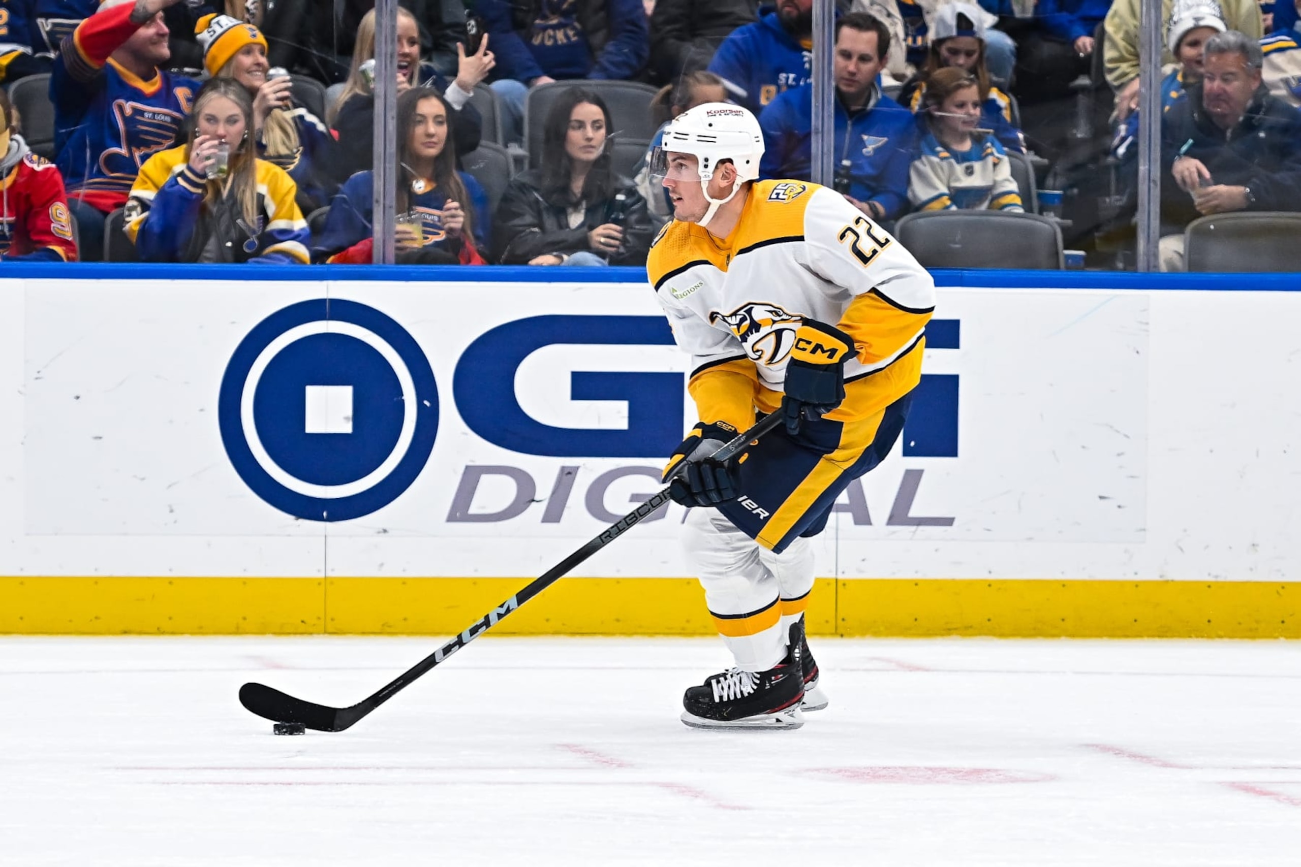 ST. LOUIS, MO - NOVEMBER 24: Nashville Predators defenseman Tyson Barrie (22) skates with the puck during a regular season game between the Nashville Predators and the St. Louis Blues on November 24 2023, at the Enterprise Center in St. Louis MO (Photo by Rick Ulreich/Icon Sportswire via Getty Images) ST. LOUIS, MO - NOVEMBER 24: Nashville Predators defenseman Tyson Barrie (22) skates with the puck during a regular season game between the Nashville Predators and the St. Louis Blues on November 24 2023, at the Enterprise Center in St. Louis MO (Photo by Rick Ulreich/Icon Sportswire via Getty Images)