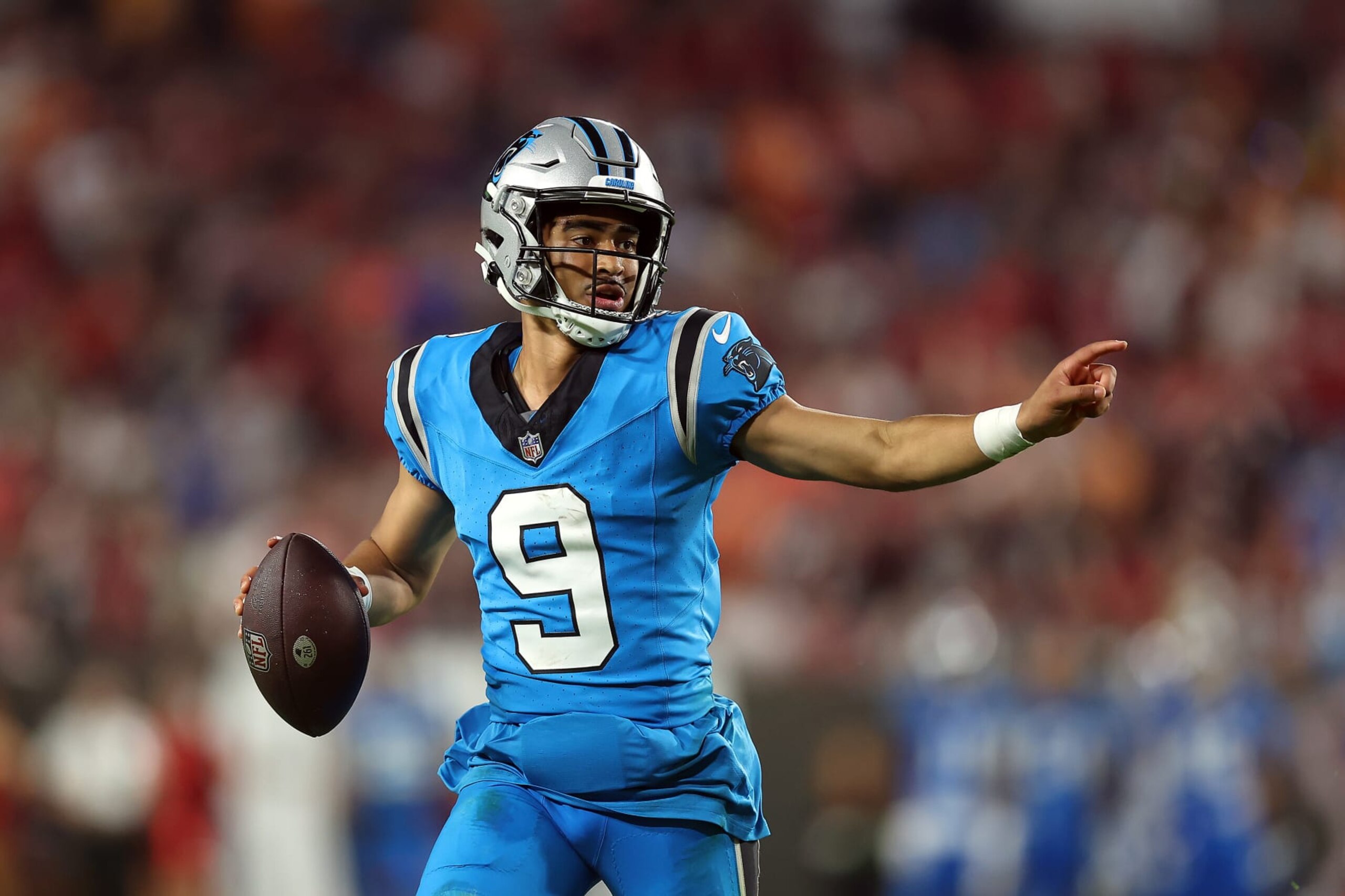TAMPA, FLORIDA - DECEMBER 03: Bryce Young #9 of the Carolina Panthers looks to pass against the Tampa Bay Buccaneers during the fourth quarter of the game at Raymond James Stadium on December 03, 2023 in Tampa, Florida. (Photo by Mike Carlson/Getty Images)