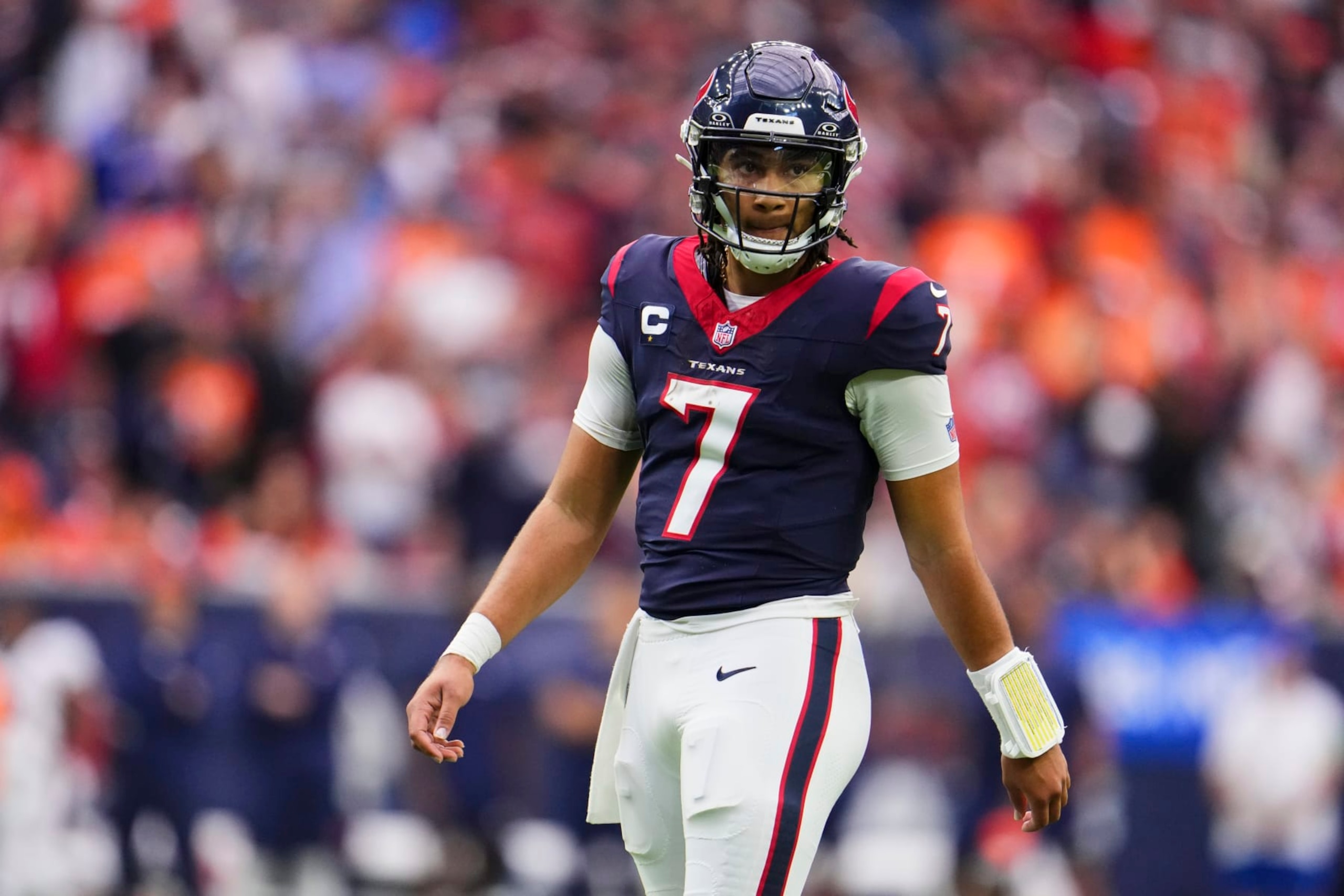HOUSTON, TX - DECEMBER 03: C.J. Stroud #7 of the Houston Texans looks towards the sideline against the Denver Broncos during the first half at NRG Stadium on December 3, 2023 in Houston, Texas. (Photo by Cooper Neill/Getty Images) HOUSTON, TX - DECEMBER 03: C.J. Stroud #7 of the Houston Texans looks towards the sideline against the Denver Broncos during the first half at NRG Stadium on December 3, 2023 in Houston, Texas. (Photo by Cooper Neill/Getty Images)