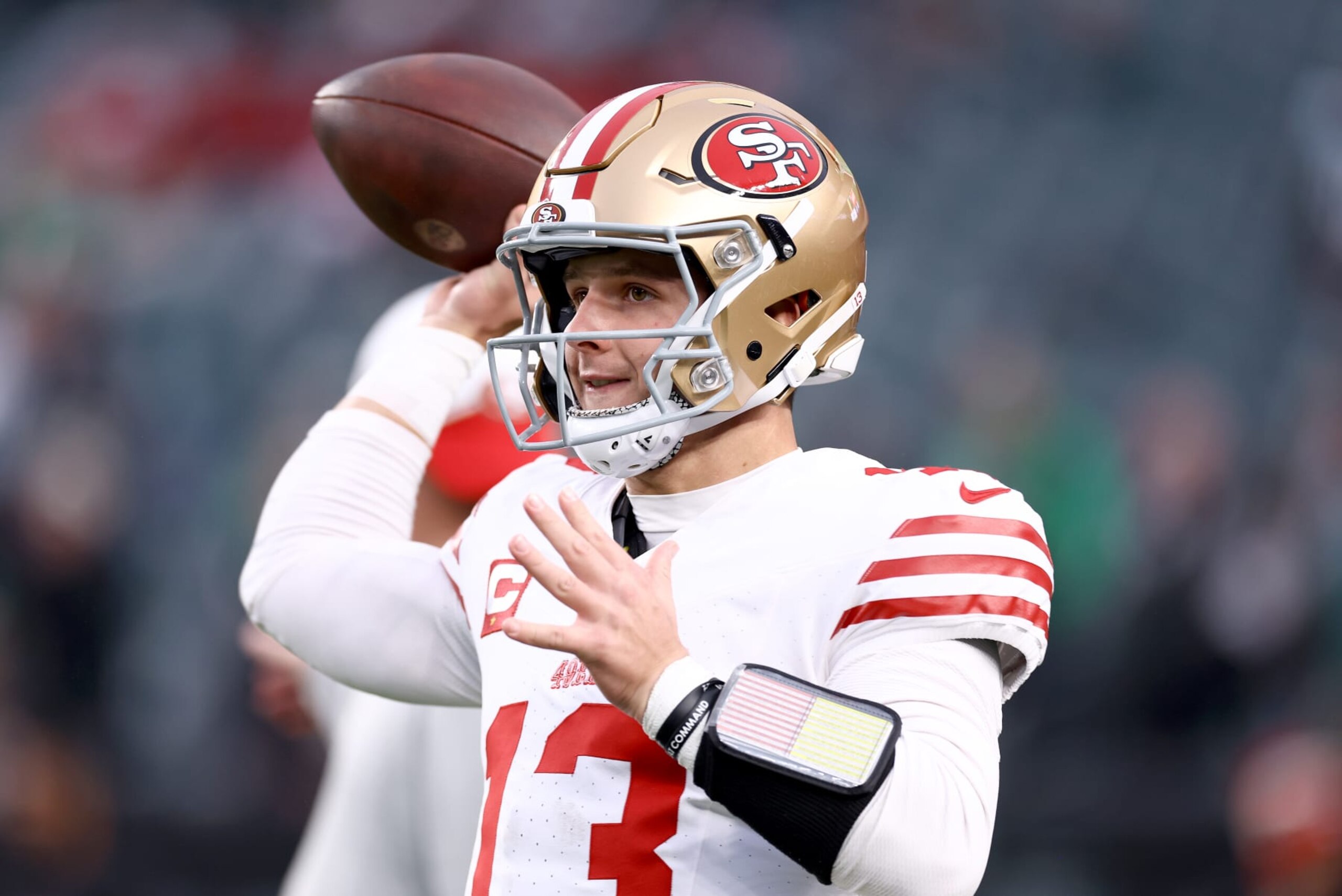 PHILADELPHIA, PENNSYLVANIA - DECEMBER 03: Brock Purdy #13 of the San Francisco 49ers warms up prior to the game against the Philadelphia Eagles at Lincoln Financial Field on December 03, 2023 in Philadelphia, Pennsylvania. (Photo by Tim Nwachukwu/Getty Images) PHILADELPHIA, PENNSYLVANIA - DECEMBER 03: Brock Purdy #13 of the San Francisco 49ers warms up prior to the game against the Philadelphia Eagles at Lincoln Financial Field on December 03, 2023 in Philadelphia, Pennsylvania. (Photo by Tim Nwachukwu/Getty Images)
