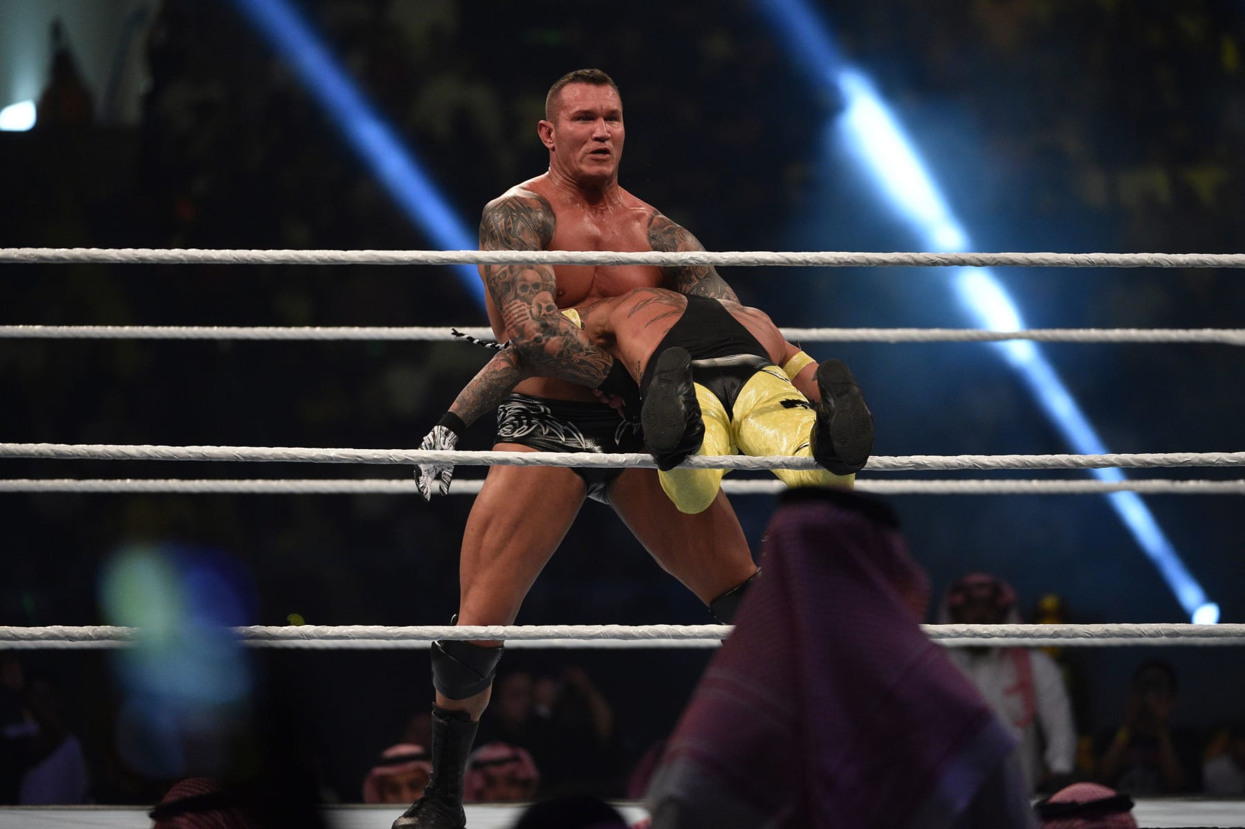 Randy Orton (L) tries a move on Rey Mysterio during the WWE World Cup Quarterfinal match as part of as part of the World Wrestling Entertainment (WWE) Crown Jewel pay-per-view at the King Saud University Stadium in Riyadh on November 2, 2018. (Photo by Fayez Nureldine / AFP)        (Photo credit should read FAYEZ NURELDINE/AFP via Getty Images)
