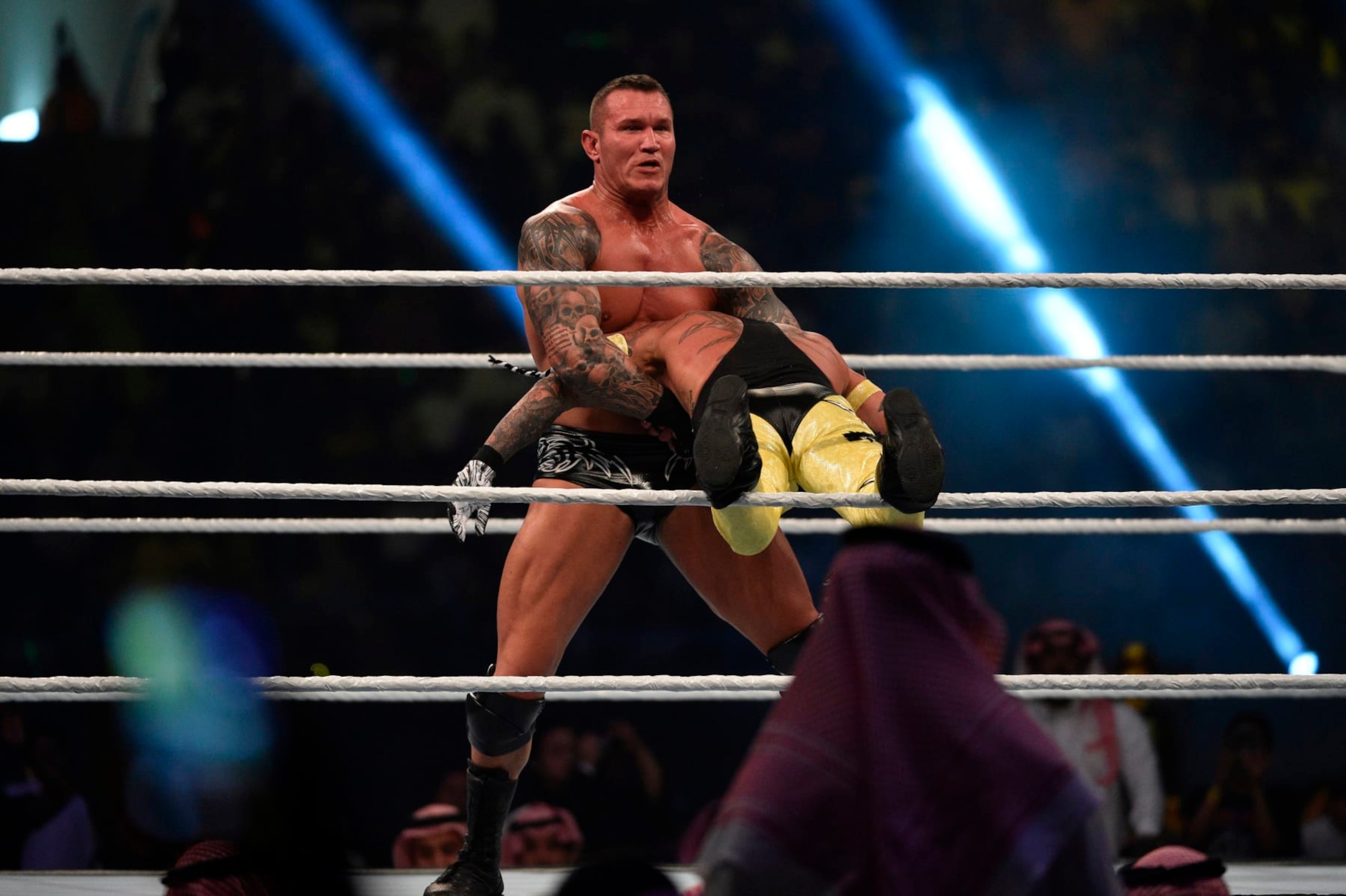Randy Orton (L) tries a move on Rey Mysterio during the WWE World Cup Quarterfinal match as part of as part of the World Wrestling Entertainment (WWE) Crown Jewel pay-per-view at the King Saud University Stadium in Riyadh on November 2, 2018. (Photo by Fayez Nureldine / AFP)        (Photo credit should read FAYEZ NURELDINE/AFP via Getty Images)