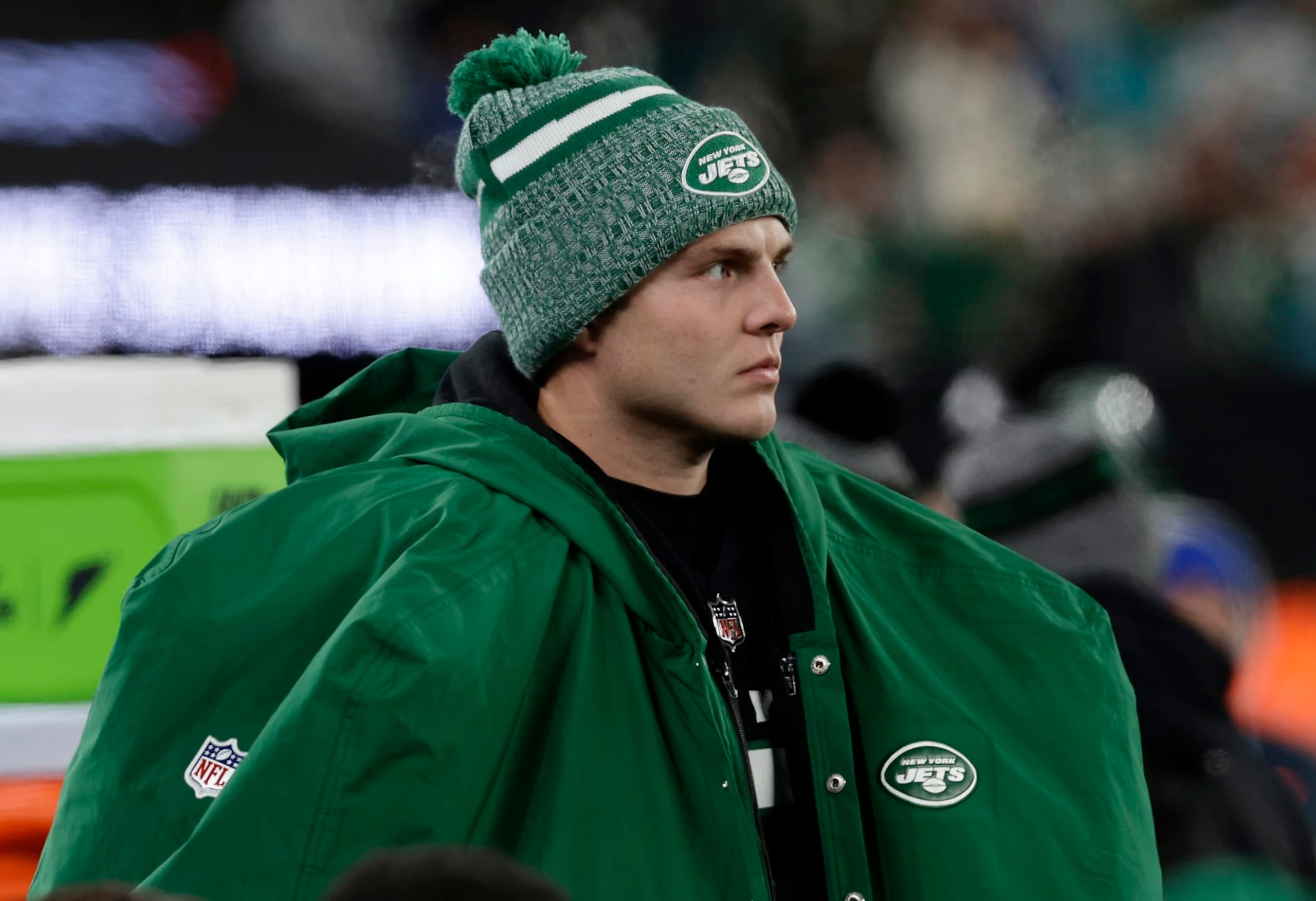 EAST RUTHERFORD, NEW JERSEY - NOVEMBER 24: (NEW YORK DAILIES OUT)  Zach Wilson #2 of the New York Jets looks on against the Miami Dolphins at MetLife Stadium on November 24, 2023 in East Rutherford, New Jersey. The Dolphins defeated the Jets 34-13.  (Photo by Jim McIsaac/Getty Images)