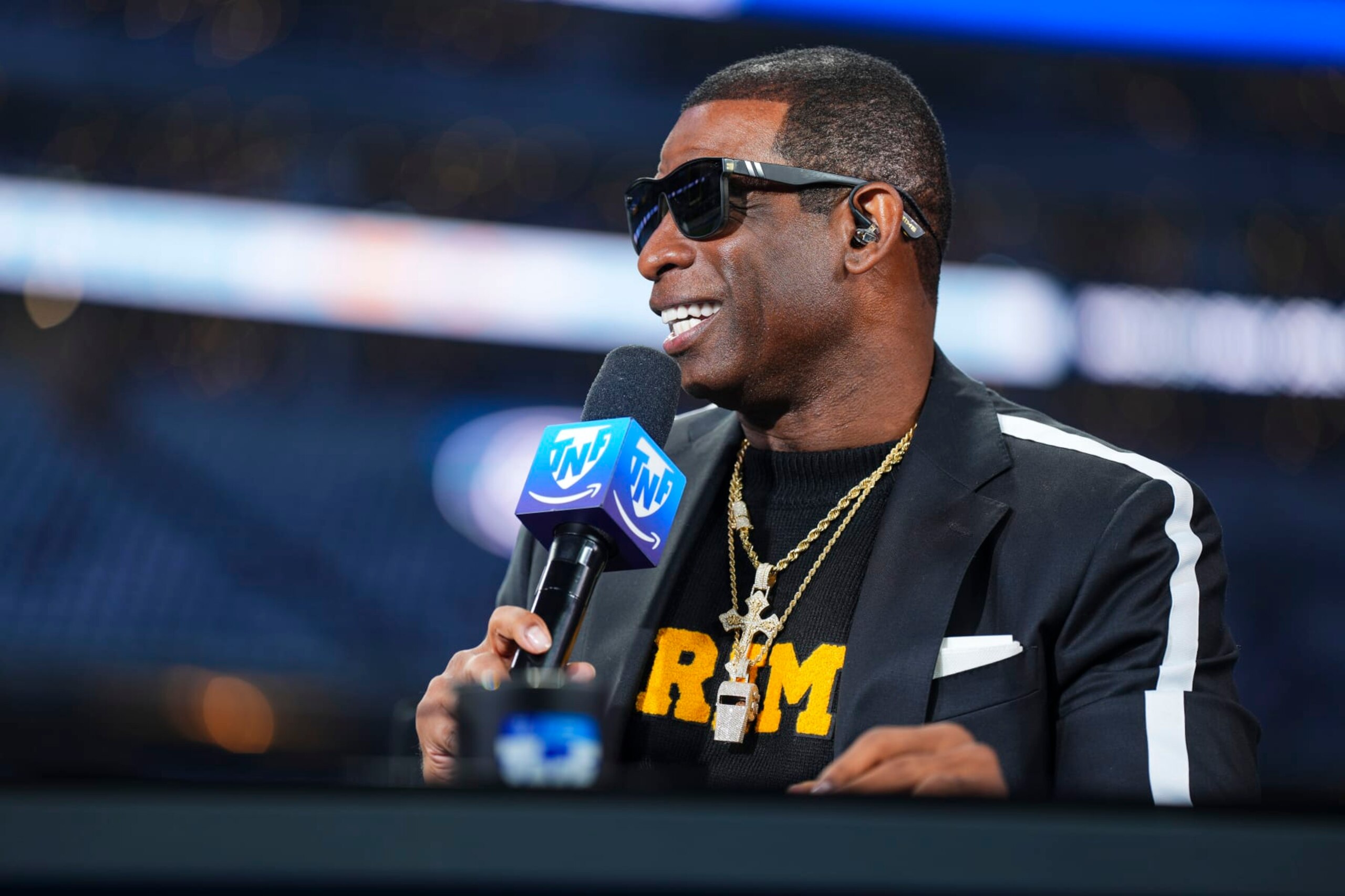ARLINGTON, TX - NOVEMBER 30: Deion Sanders visits on set of the Amazon Prime TNF pregame show prior to an NFL football game between the Seattle Seahawks and the Dallas Cowboys at AT&T Stadium on November 30, 2023 in Arlington, Texas. (Photo by Cooper Neill/Getty Images)