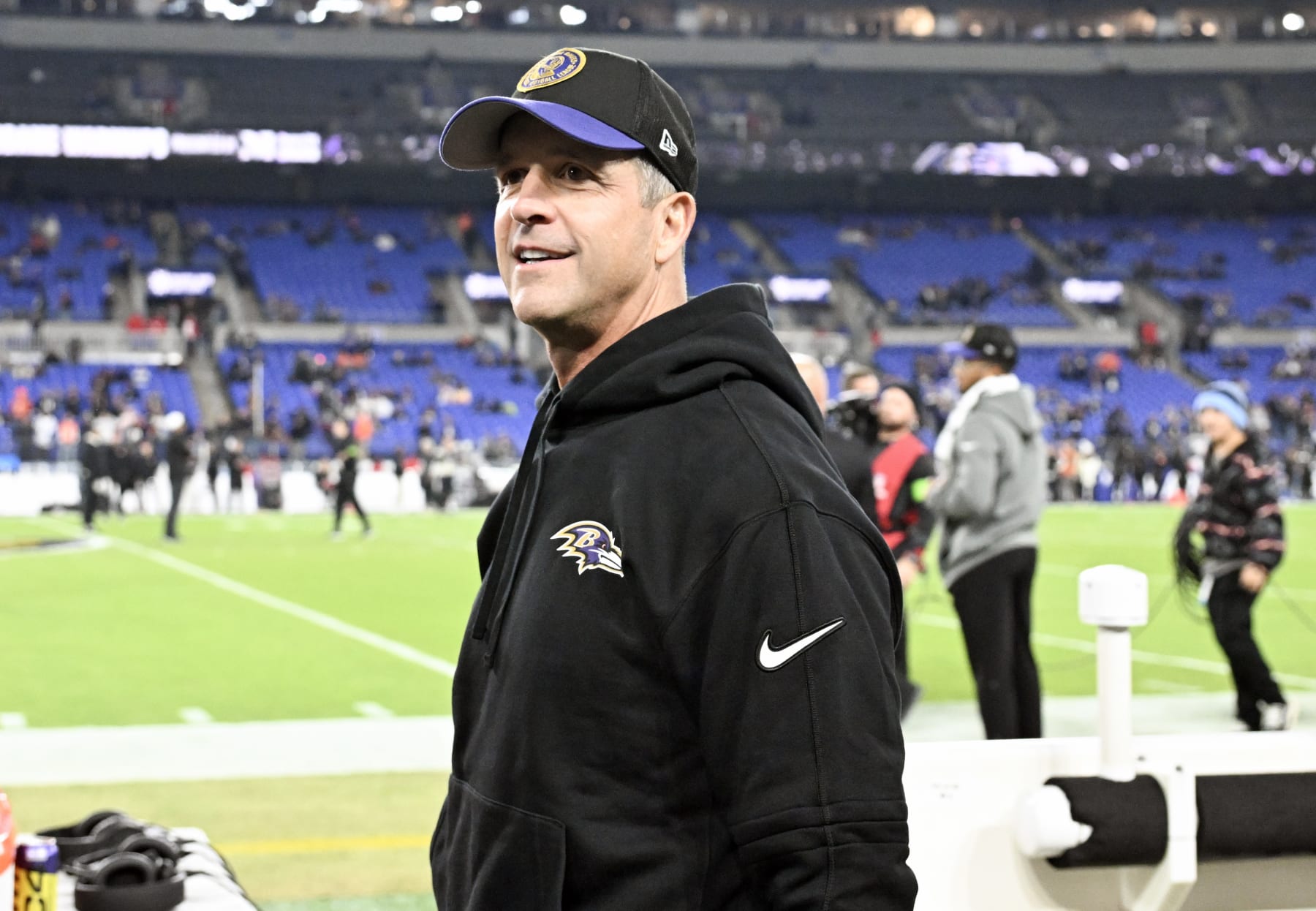 BALTIMORE, MD - NOVEMBER 16:  Baltimore Ravens head coach John Harbaugh takes the field for the Cincinnati Bengals game versus the Baltimore Ravens on November 16, 2023 at M&T Bank Stadium in Baltimore, MD.  (Photo by Mark Goldman/Icon Sportswire via Getty Images)