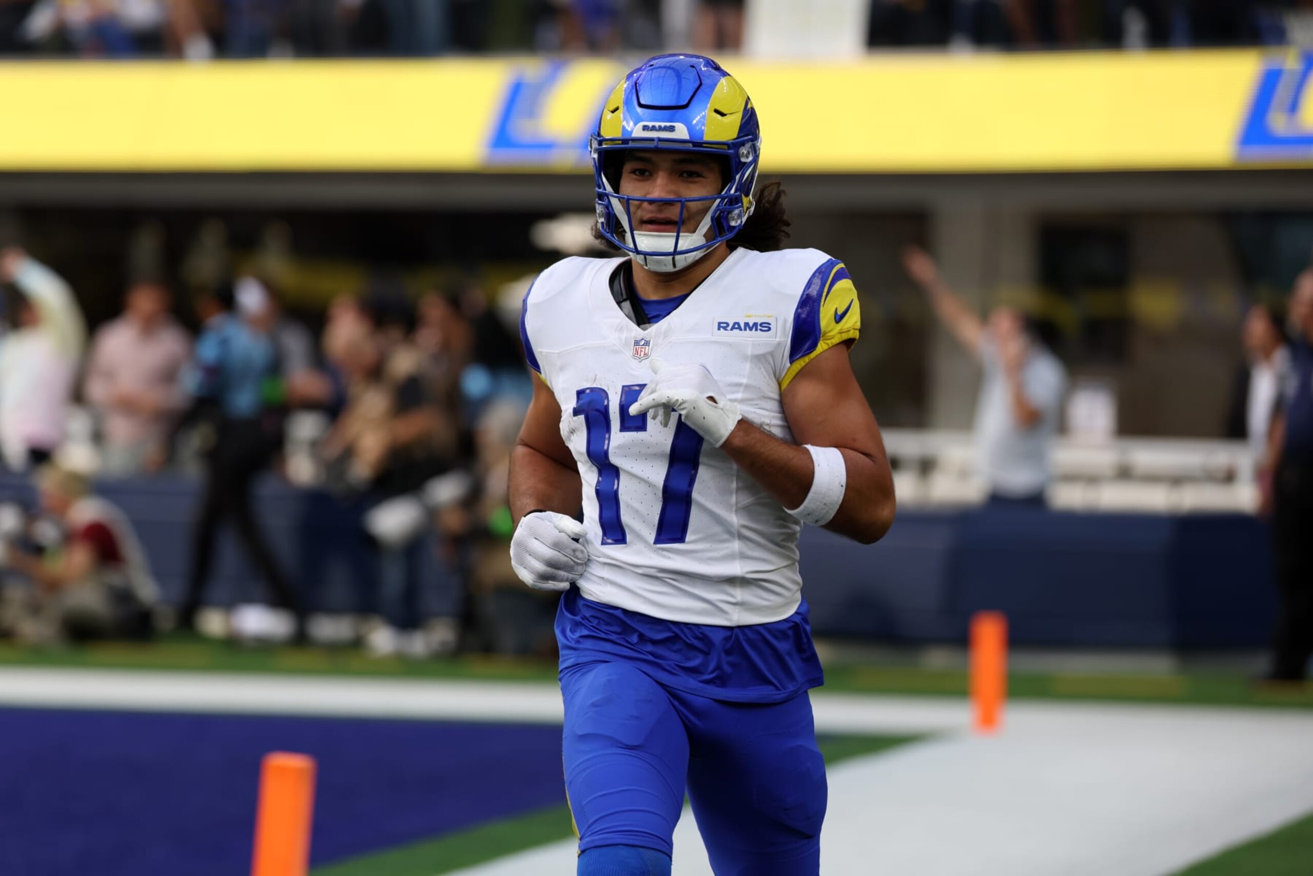 INGLEWOOD, CA - DECEMBER 03: Los Angeles Rams wide receiver Puka Nacua (17) reacts after scoring a touchdown during the first quarter of the NFL game between the Los Angeles Rams and the Cleveland Browns on December 3, 2023, at SoFi Stadium, Inglewood, California. (Photo by Kiyoshi Mio/Icon Sportswire via Getty Images)