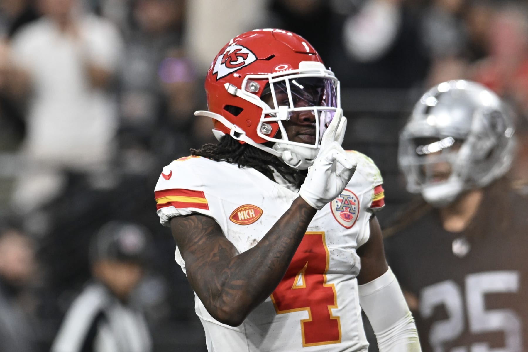LAS VEGAS, NEVADA - NOVEMBER 26: Wide receiver Rashee Rice #4 of the Kansas City Chiefs celebrates a fourth-quarter touchdown against the Las Vegas Raiders at Allegiant Stadium on November 26, 2023 in Las Vegas, Nevada. The Chiefs defeated the Raiders 31-17. (Photo by Candice Ward/Getty Images)