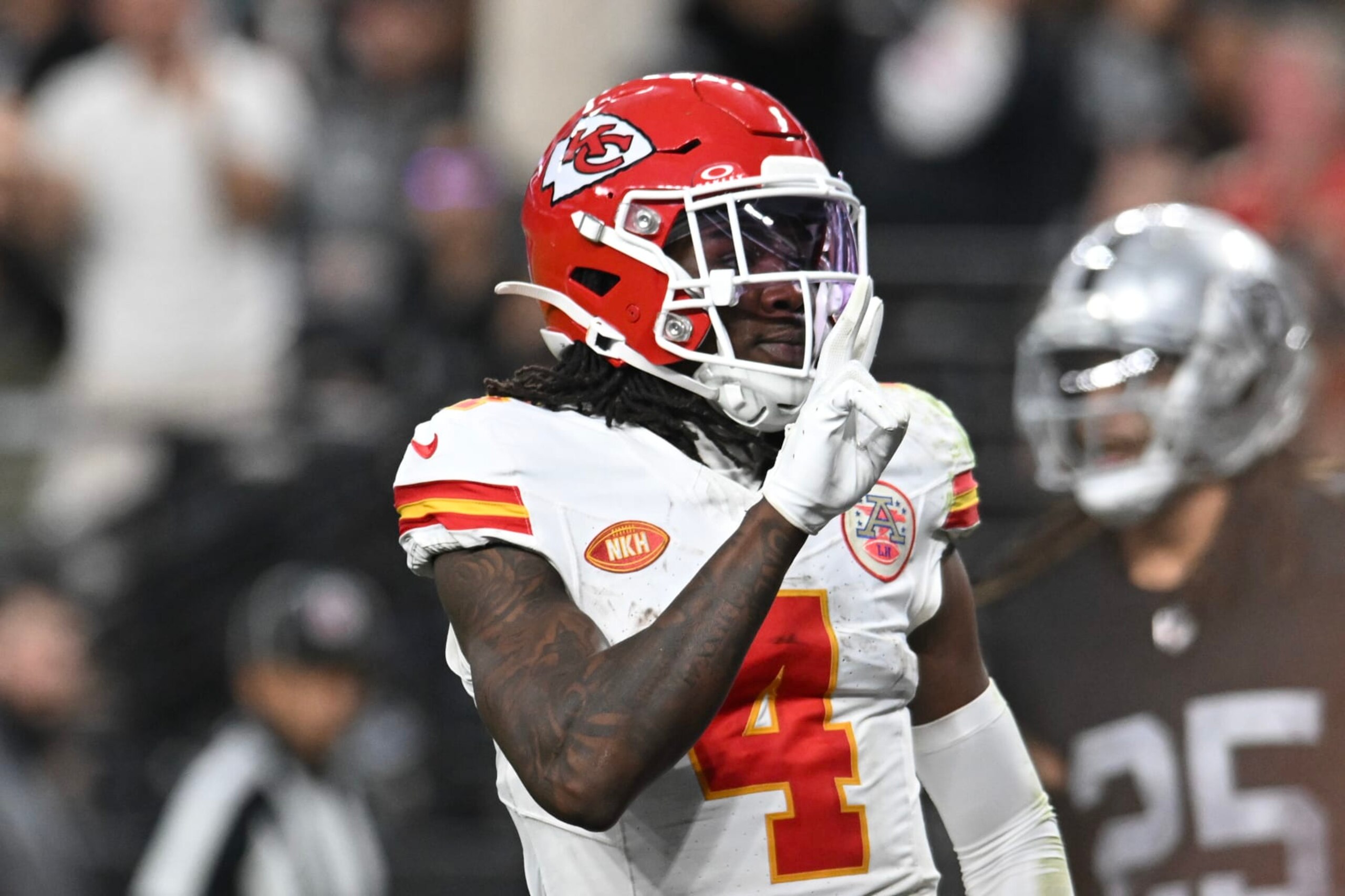 LAS VEGAS, NEVADA - NOVEMBER 26: Wide receiver Rashee Rice #4 of the Kansas City Chiefs celebrates a fourth-quarter touchdown against the Las Vegas Raiders at Allegiant Stadium on November 26, 2023 in Las Vegas, Nevada. The Chiefs defeated the Raiders 31-17. (Photo by Candice Ward/Getty Images) LAS VEGAS, NEVADA - NOVEMBER 26: Wide receiver Rashee Rice #4 of the Kansas City Chiefs celebrates a fourth-quarter touchdown against the Las Vegas Raiders at Allegiant Stadium on November 26, 2023 in Las Vegas, Nevada. The Chiefs defeated the Raiders 31-17. (Photo by Candice Ward/Getty Images)