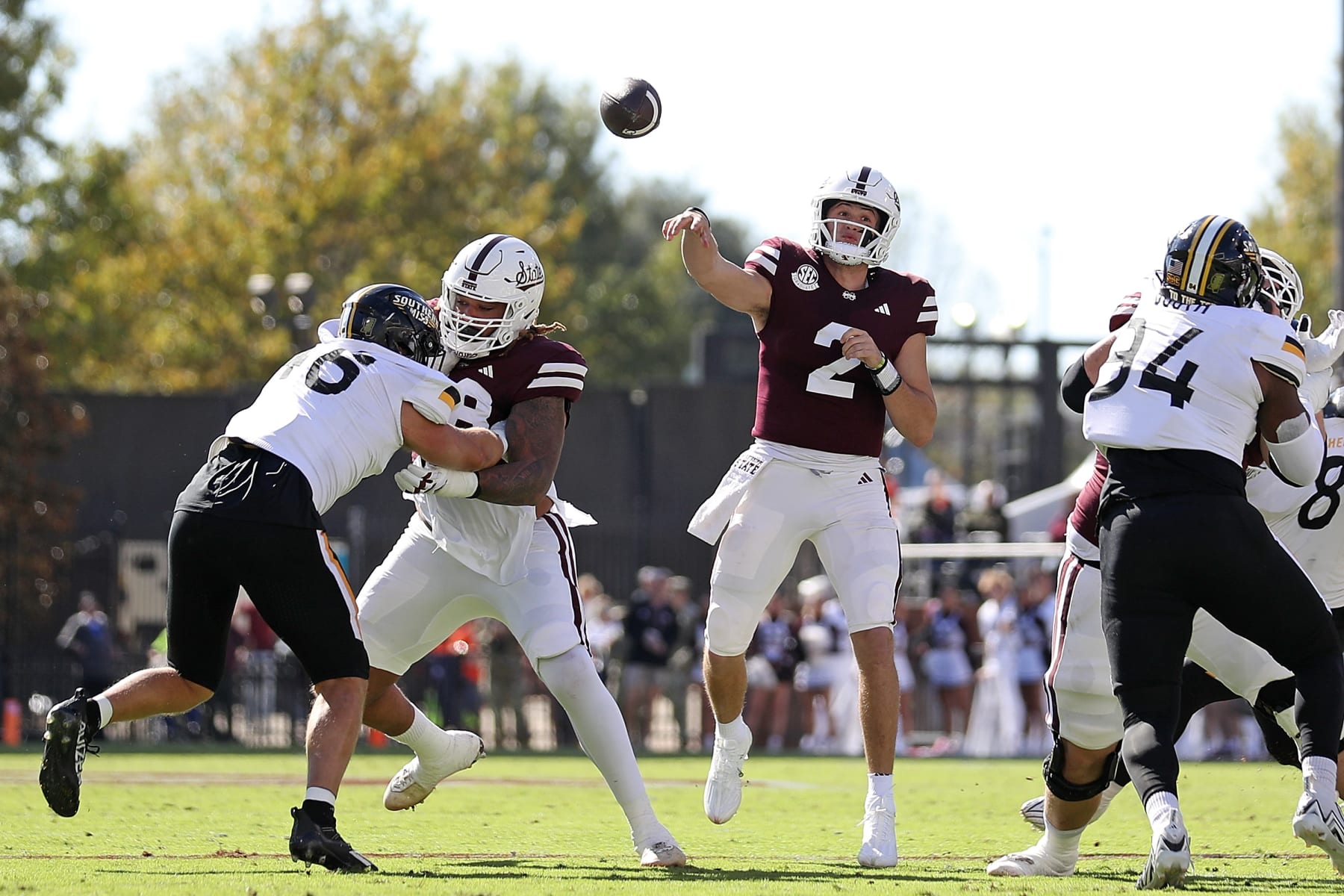 STARKVILLE, MISSISSIPPI - NOVEMBER 18: Will Rogers #2 of the Mississippi State Bulldogs passes the ball during the first half against the Southern Miss Golden Eagles at Davis Wade Stadium on November 18, 2023 in Starkville, Mississippi. (Photo by Justin Ford/Getty Images)