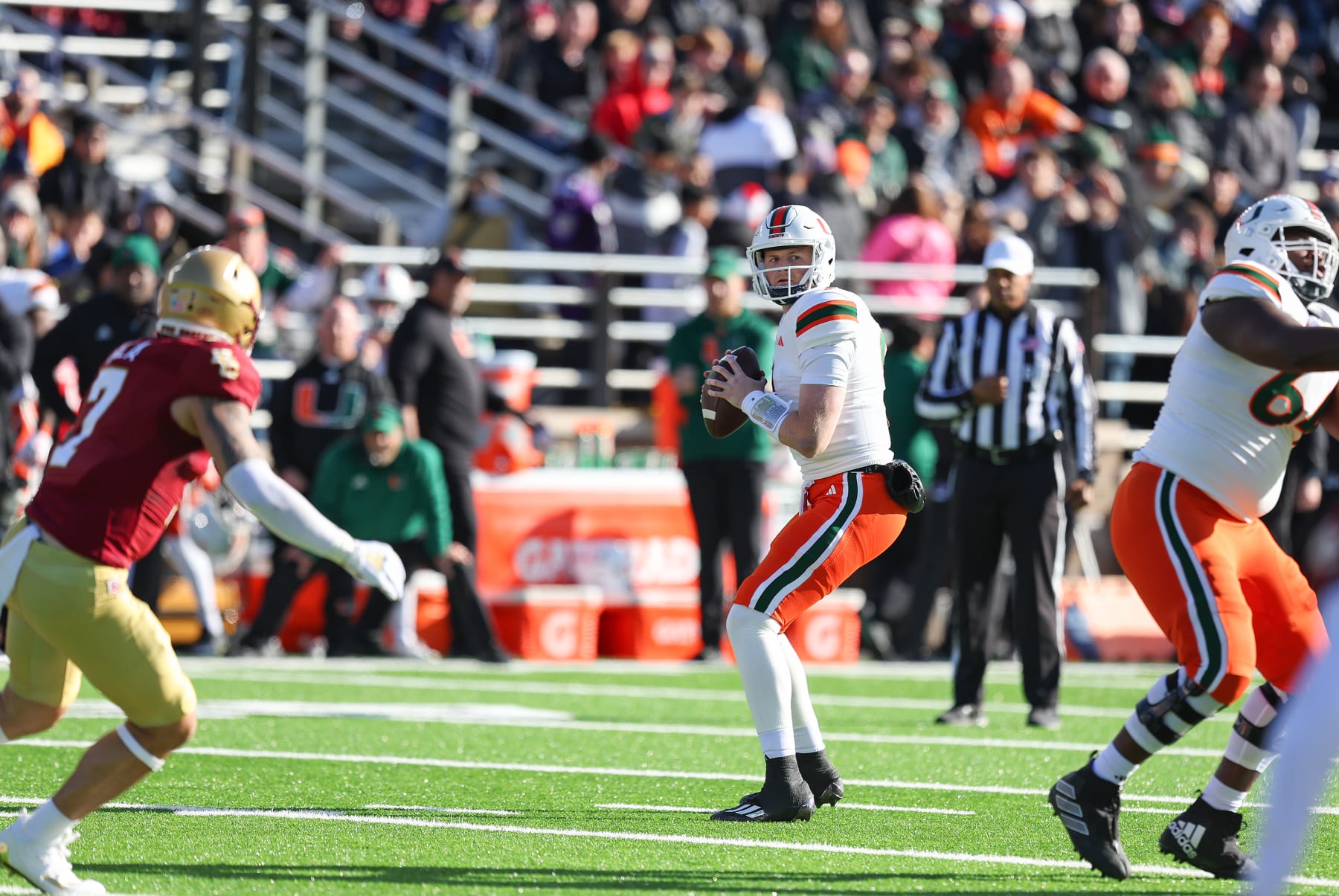 CHESTNUT HILL, MA - NOVEMBER 24: Miami Hurricanes quarterback Tyler Van Dyke (9) looks to throw a pass during the college football game between Miami Hurricanes and Boston College Eagles on November 24, 2023, at Alumni Stadium in Chestnut Hill, MA. (Photo by M. Anthony Nesmith/Icon Sportswire via Getty Images)