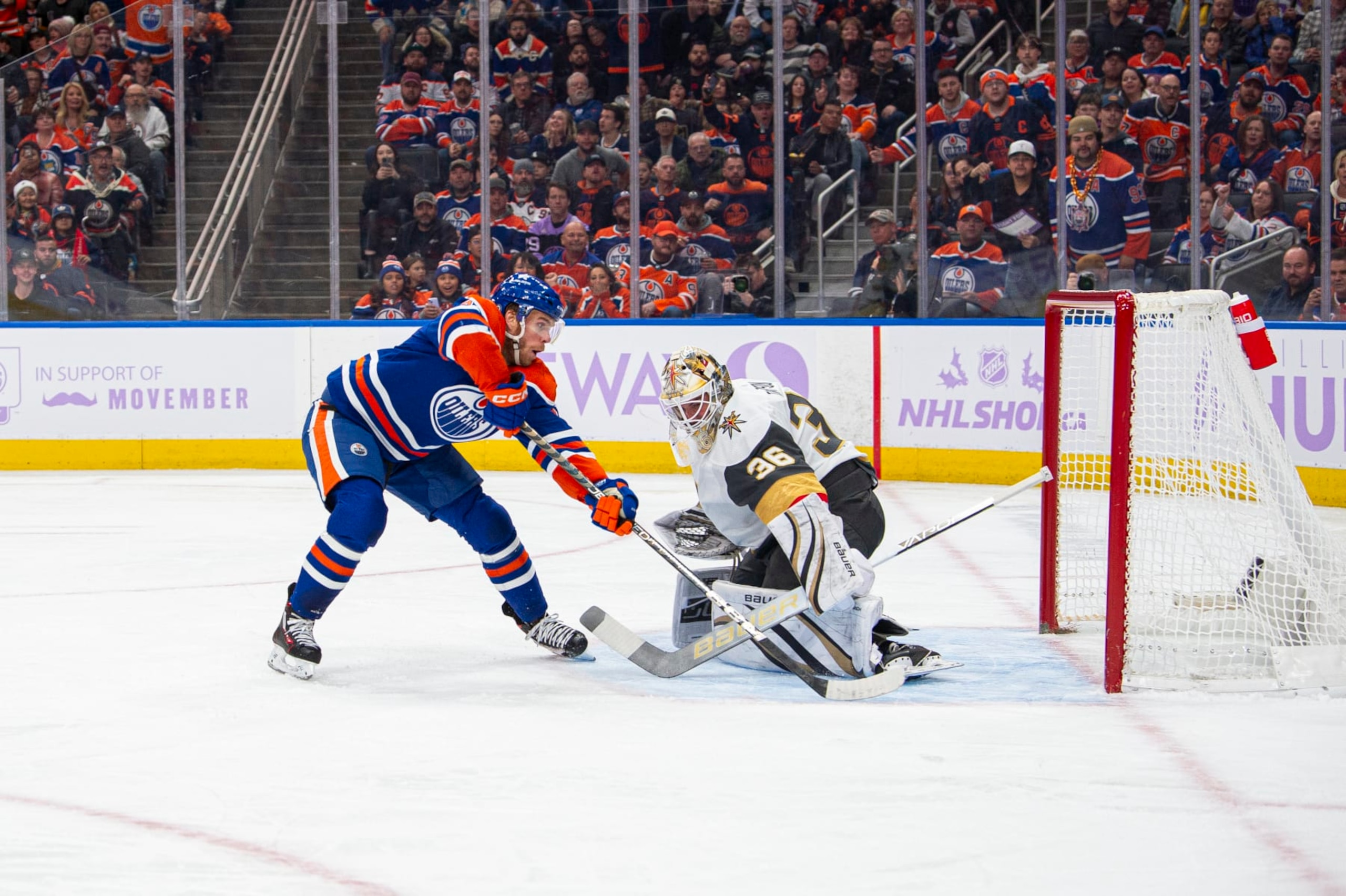 EDMONTON, ALBERTA - NOVEMBER 28: Connor McDavid #97 of the Edmonton Oilers scores on Logan Thompson #36 of the Vegas Golden Knights during the second period at Rogers Place on November 28, 2023 in Edmonton, Alberta, Canada. (Photo by Paul Swanson/NHLI via Getty Images) EDMONTON, ALBERTA - NOVEMBER 28: Connor McDavid #97 of the Edmonton Oilers scores on Logan Thompson #36 of the Vegas Golden Knights during the second period at Rogers Place on November 28, 2023 in Edmonton, Alberta, Canada. (Photo by Paul Swanson/NHLI via Getty Images)