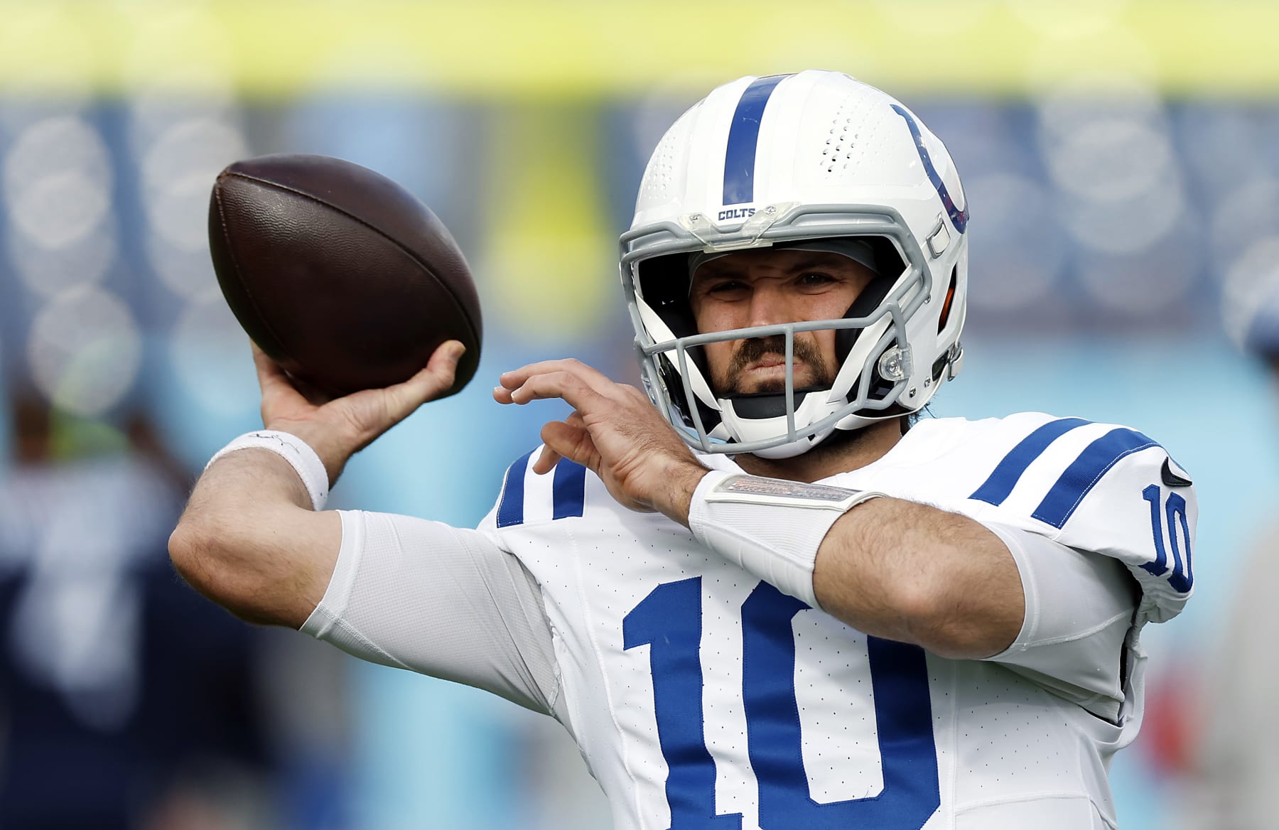 NASHVILLE, TENNESSEE - DECEMBER 03: Gardner Minshew #10 of the Indianapolis Colts warms up prior to a game against the Tennessee Titans at Nissan Stadium on December 03, 2023 in Nashville, Tennessee. (Photo by Wesley Hitt/Getty Images)