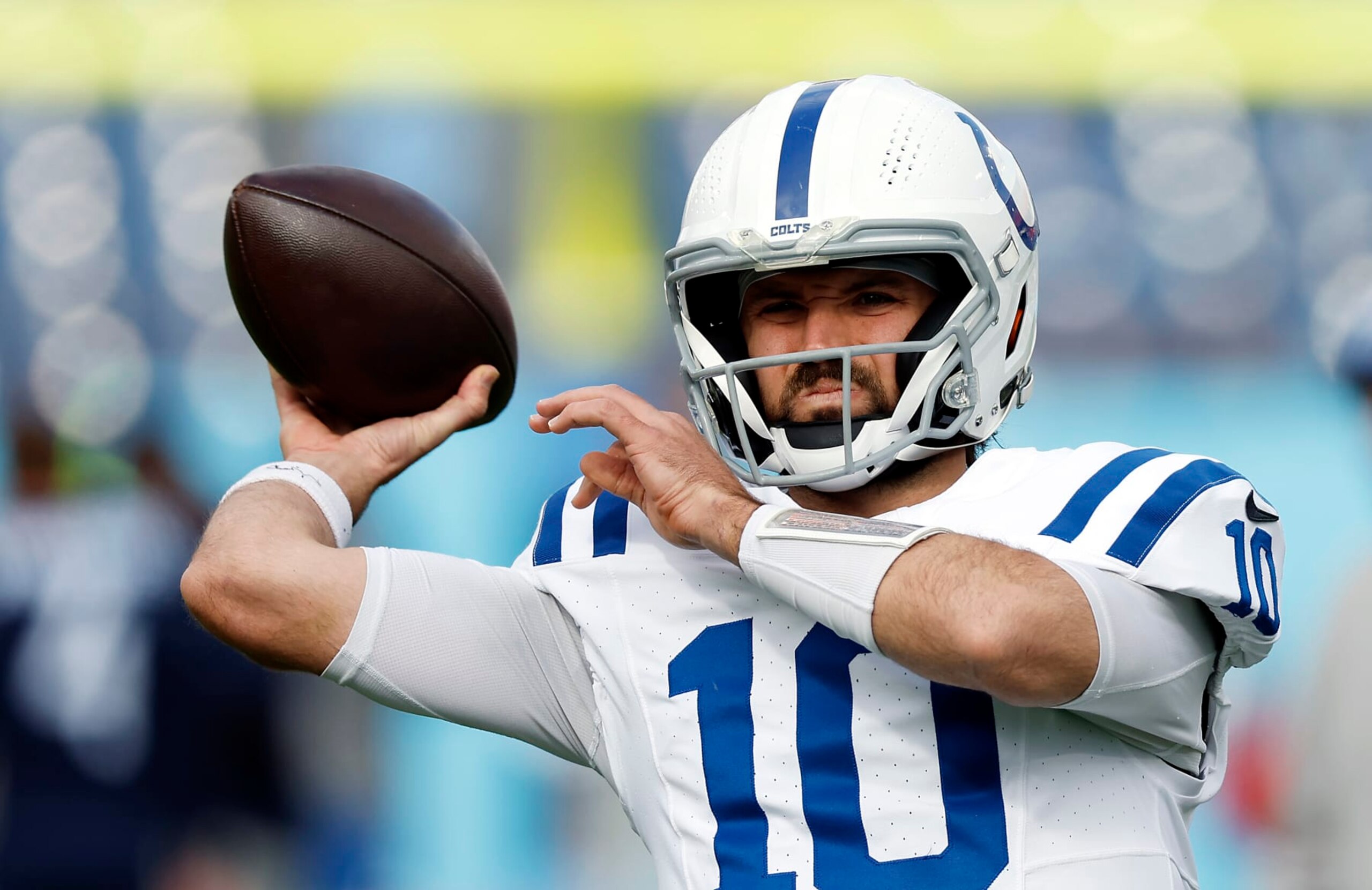 NASHVILLE, TENNESSEE - DECEMBER 03: Gardner Minshew #10 of the Indianapolis Colts warms up prior to a game against the Tennessee Titans at Nissan Stadium on December 03, 2023 in Nashville, Tennessee. (Photo by Wesley Hitt/Getty Images)