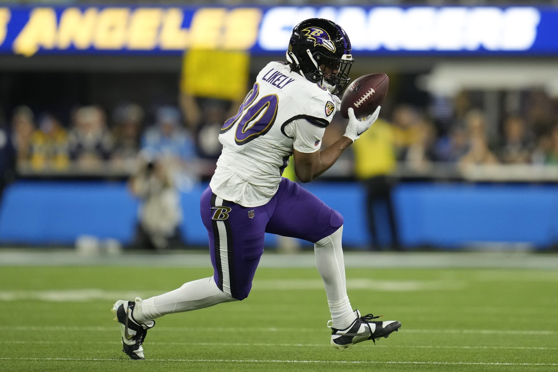 Baltimore Ravens tight end Isaiah Likely (80) catches a pass during an NFL football game against the Los Angeles Chargers Monday, Nov. 27, 2023, in Inglewood, Calif. (AP Photo/Ashley Landis)
