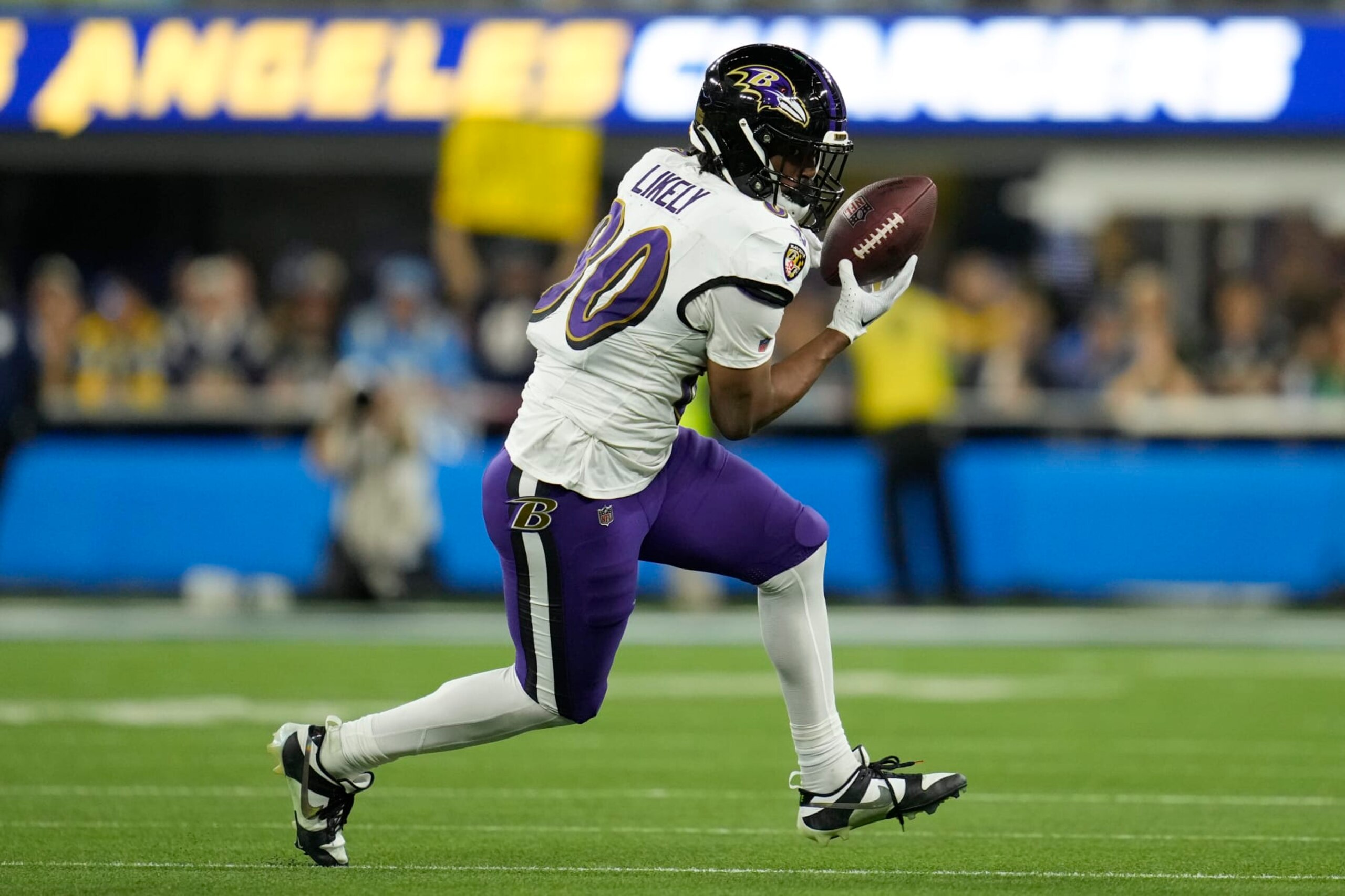 Baltimore Ravens tight end Isaiah Likely (80) catches a pass during an NFL football game against the Los Angeles Chargers Monday, Nov. 27, 2023, in Inglewood, Calif. (AP Photo/Ashley Landis)