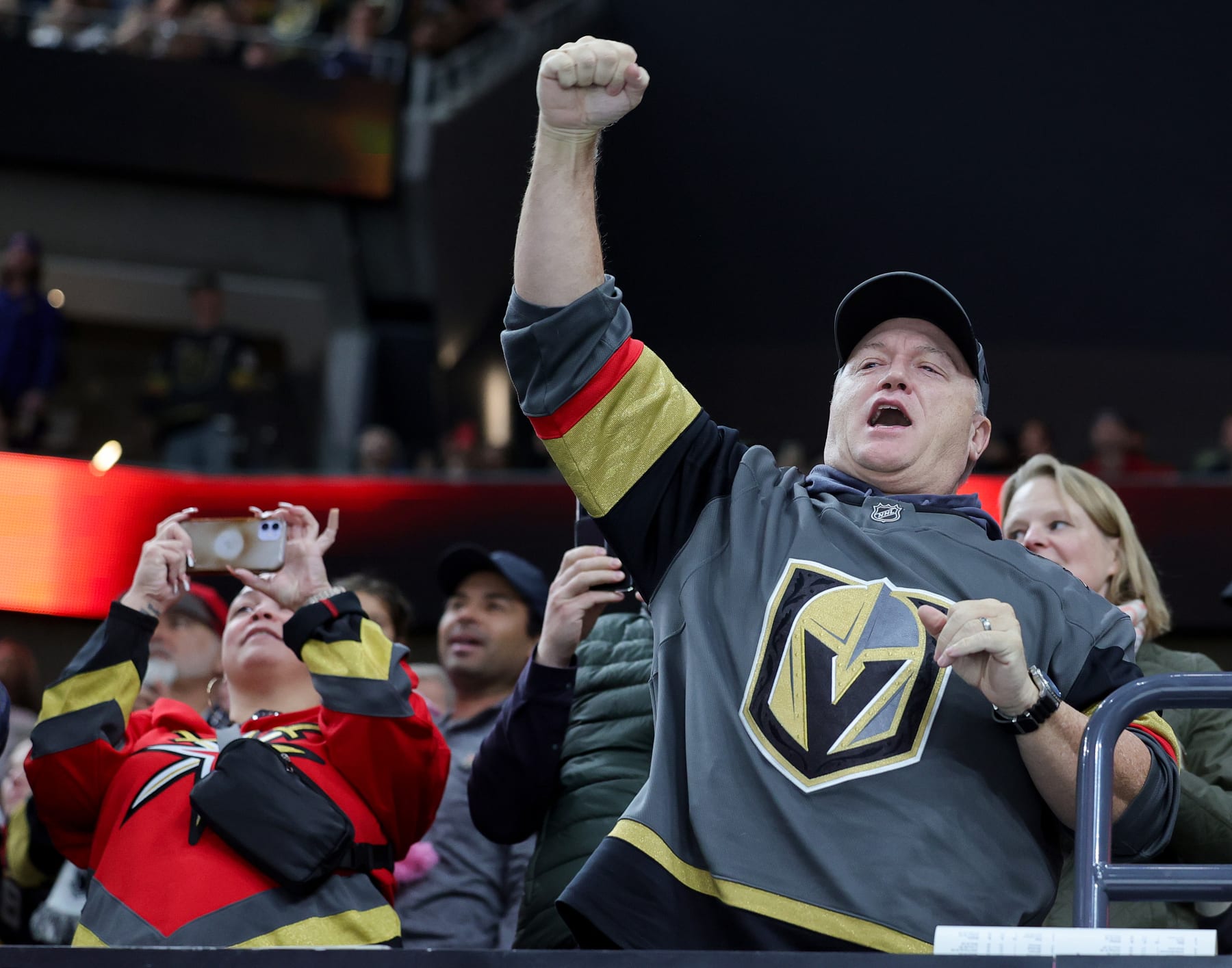 LAS VEGAS, NEVADA - NOVEMBER 02: Vegas Golden Knights fan Shawn Baseleon of Nevada celebrates a second-period power-play goal by Jonathan Marchessault #81 of the Golden Knights against the Winnipeg Jets during their game at T-Mobile Arena on November 02, 2023 in Las Vegas, Nevada. The Golden Knights defeated the Jets 5-2. (Photo by Ethan Miller/Getty Images)