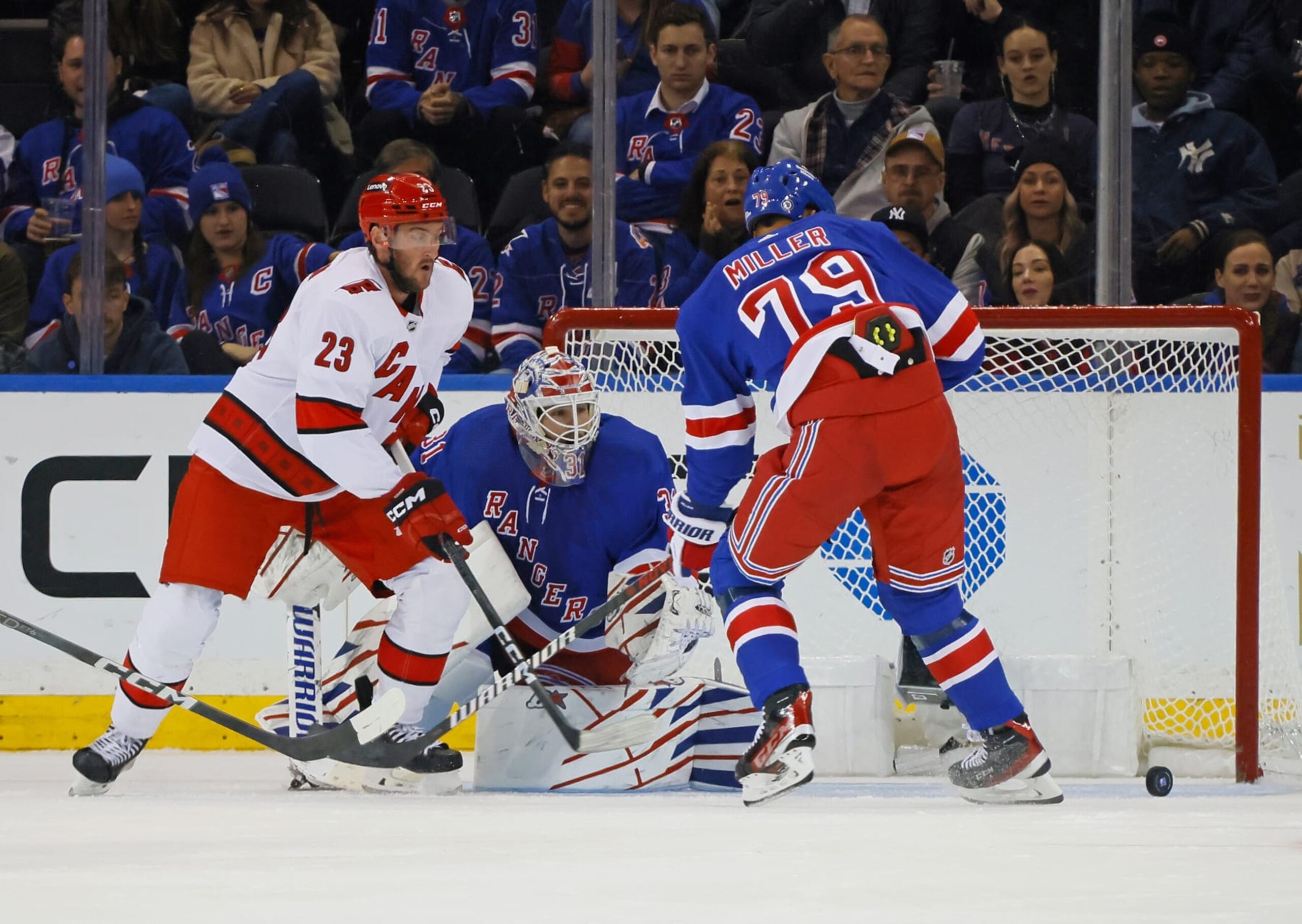 NEW YORK, NEW YORK - NOVEMBER 02: Stefan Noesen #23 of the Carolina Hurricanes skates against Igor Shesterkin #31 of the New York Rangers at Madison Square Garden on November 02, 2023 in New York City. . (Photo by Bruce Bennett/Getty Images)