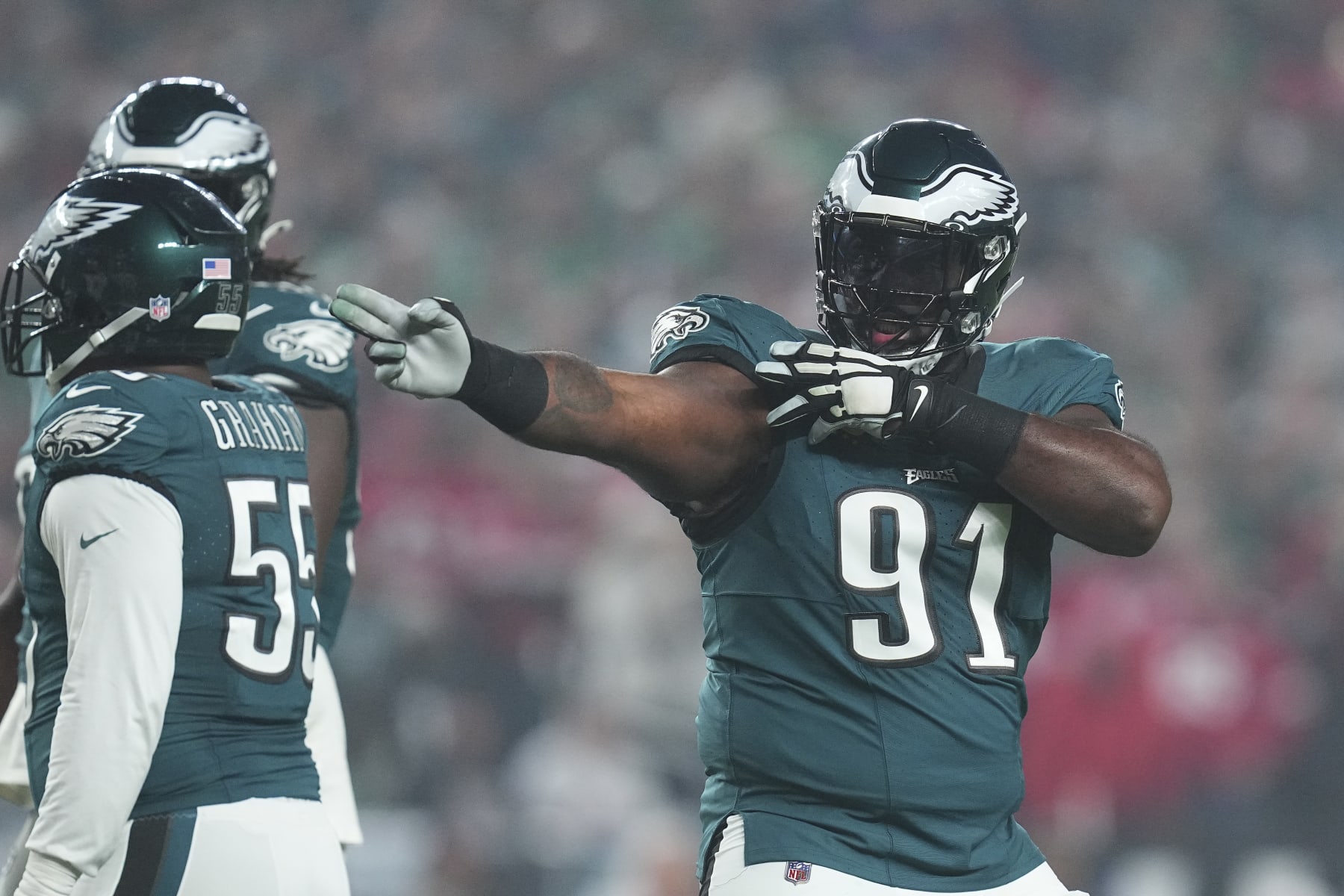PHILADELPHIA, PENNSYLVANIA - DECEMBER 3: Fletcher Cox #91 of the Philadelphia Eagles reacts against the San Francisco 49ers at Lincoln Financial Field on December 3, 2023 in Philadelphia, Pennsylvania. (Photo by Mitchell Leff/Getty Images)