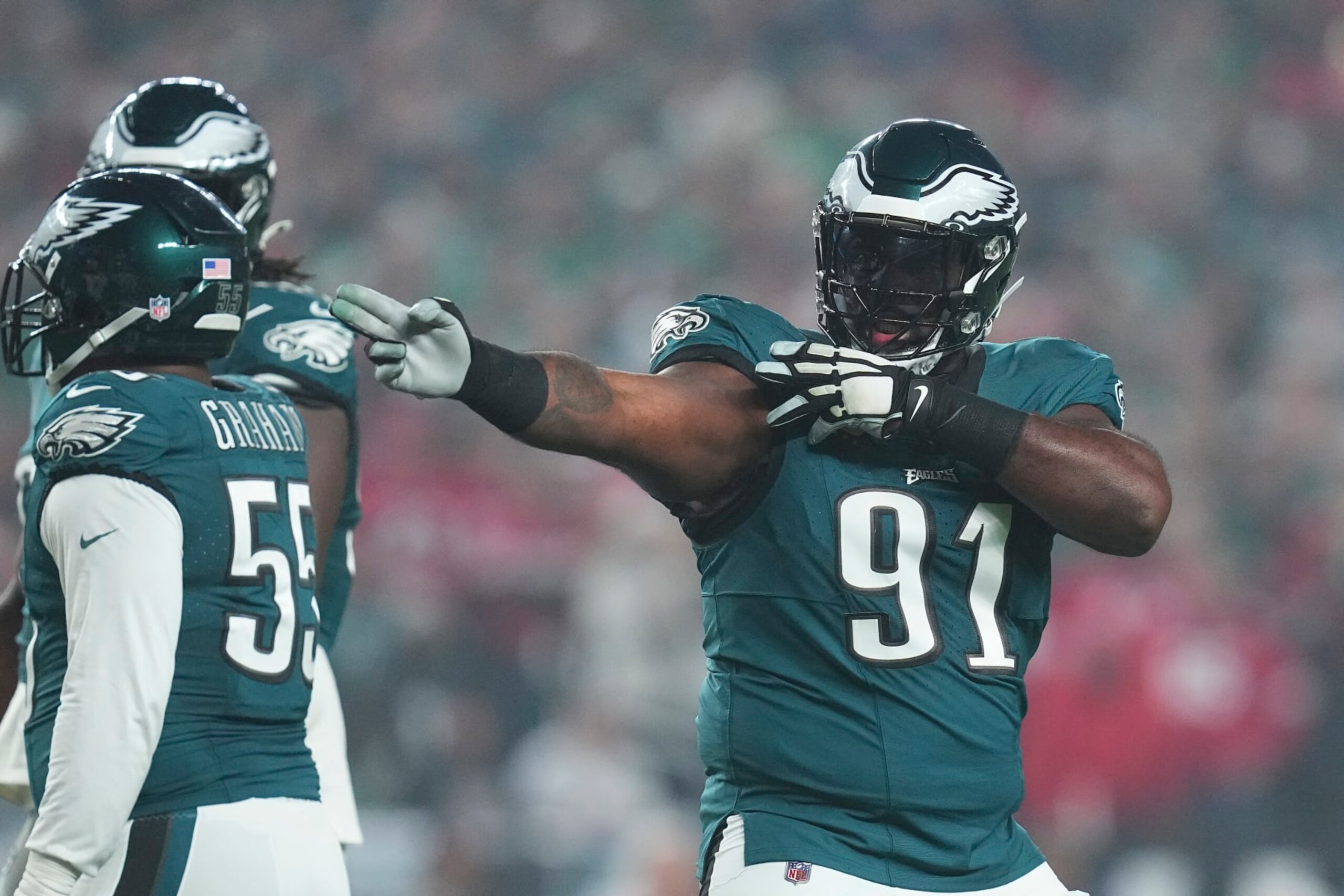 PHILADELPHIA, PENNSYLVANIA - DECEMBER 3: Fletcher Cox #91 of the Philadelphia Eagles reacts against the San Francisco 49ers at Lincoln Financial Field on December 3, 2023 in Philadelphia, Pennsylvania. (Photo by Mitchell Leff/Getty Images)