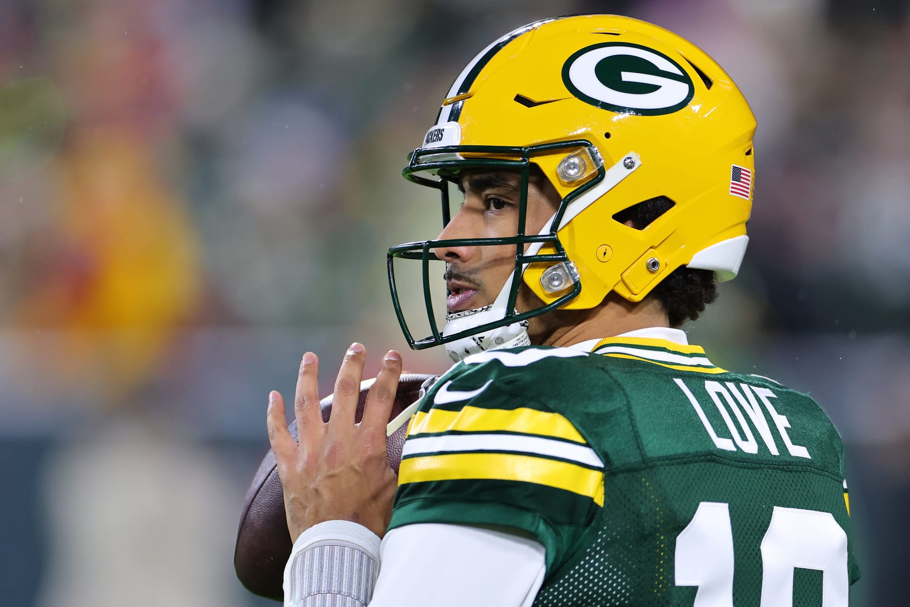 GREEN BAY, WISCONSIN - DECEMBER 03: Jordan Love #10 of the Green Bay Packers participates in warmups prior to a game against the Kansas City Chiefs at Lambeau Field on December 03, 2023 in Green Bay, Wisconsin.  The Packers defeated the Chiefs 27-19. (Photo by Stacy Revere/Getty Images)