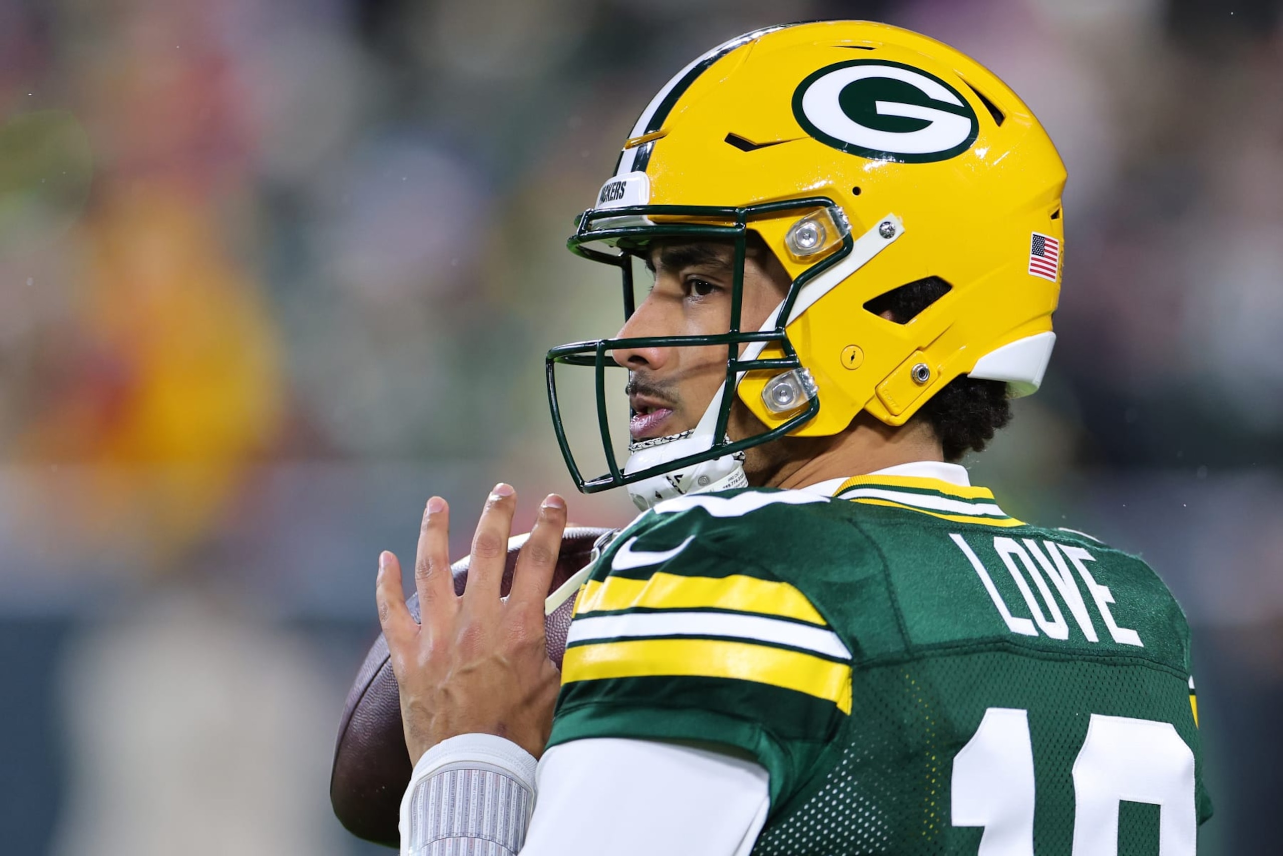 GREEN BAY, WISCONSIN - DECEMBER 03: Jordan Love #10 of the Green Bay Packers participates in warmups prior to a game against the Kansas City Chiefs at Lambeau Field on December 03, 2023 in Green Bay, Wisconsin.  The Packers defeated the Chiefs 27-19. (Photo by Stacy Revere/Getty Images)