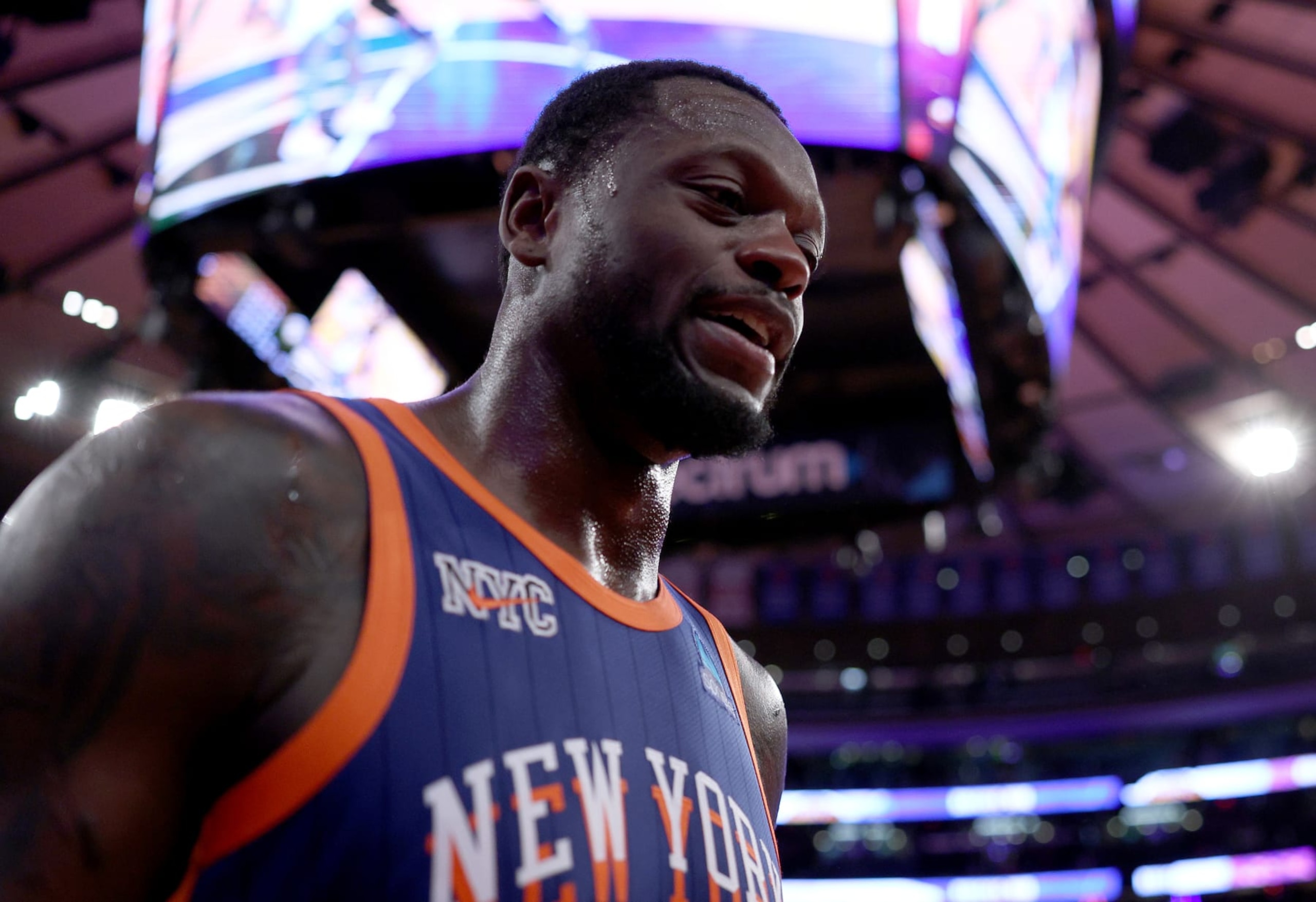 NEW YORK, NEW YORK - NOVEMBER 28:  Julius Randle #30 of the New York Knicks walks off the court after the NBA In-Season Tournament game against the Charlotte Hornets at Madison Square Garden on November 28, 2023 in New York City. The New York Knicks defeated the Charlotte Hornets 115-91.NOTE TO USER: User expressly acknowledges and agrees that, by downloading and or using this photograph, User is consenting to the terms and conditions of the Getty Images License Agreement. (Photo by Elsa/Getty Images)