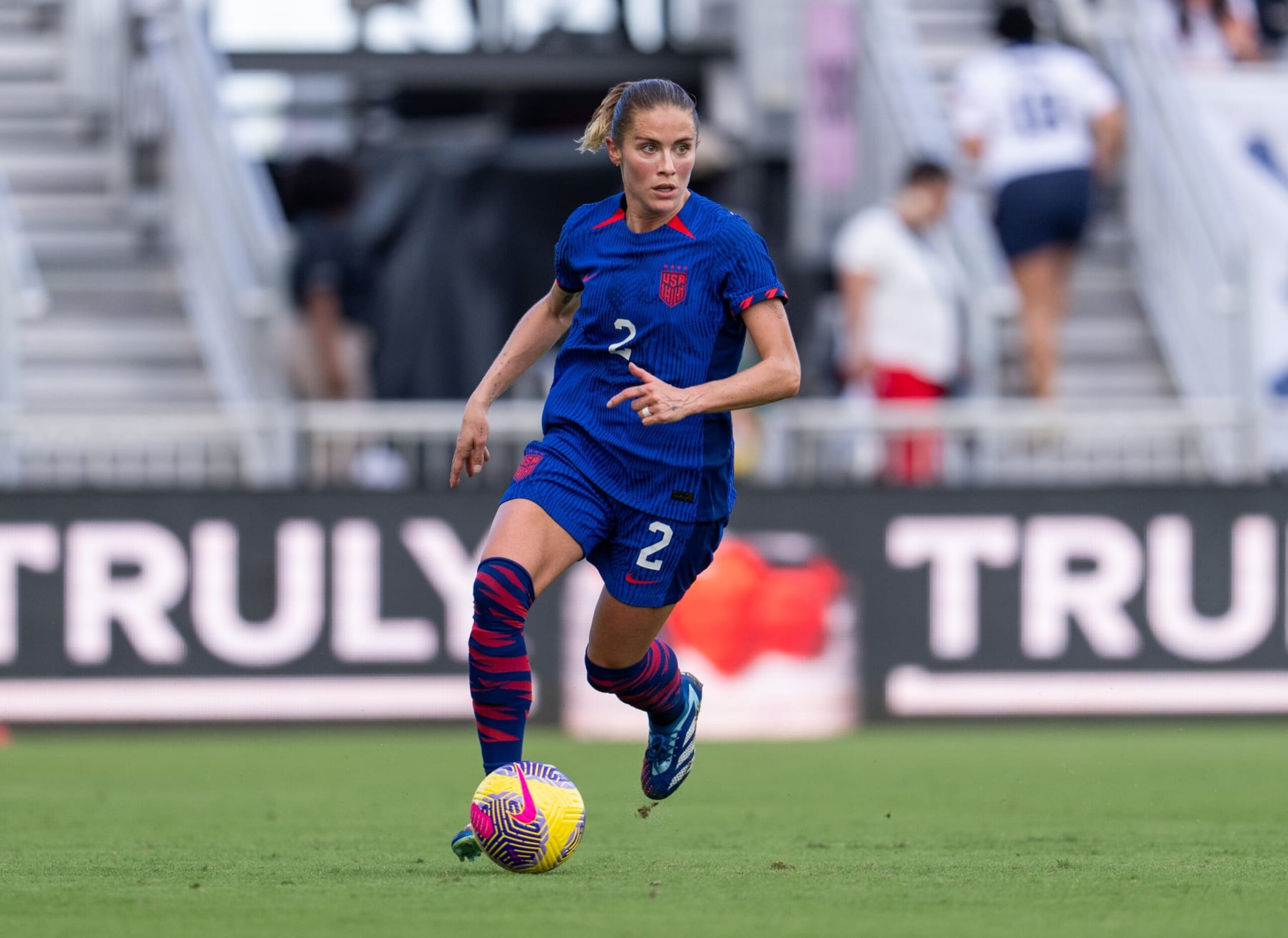 FORT LAUDERDALE, FL - DECEMBER 2: Abby Dahlkemper #2 of the United States dribbles during a game between China and USWNT at DRV PNK Stadium on December 2, 2023 in Fort Lauderdale, Florida. (Photo by Brad Smith/ISI Photos/USSF/Getty Images for USSF)