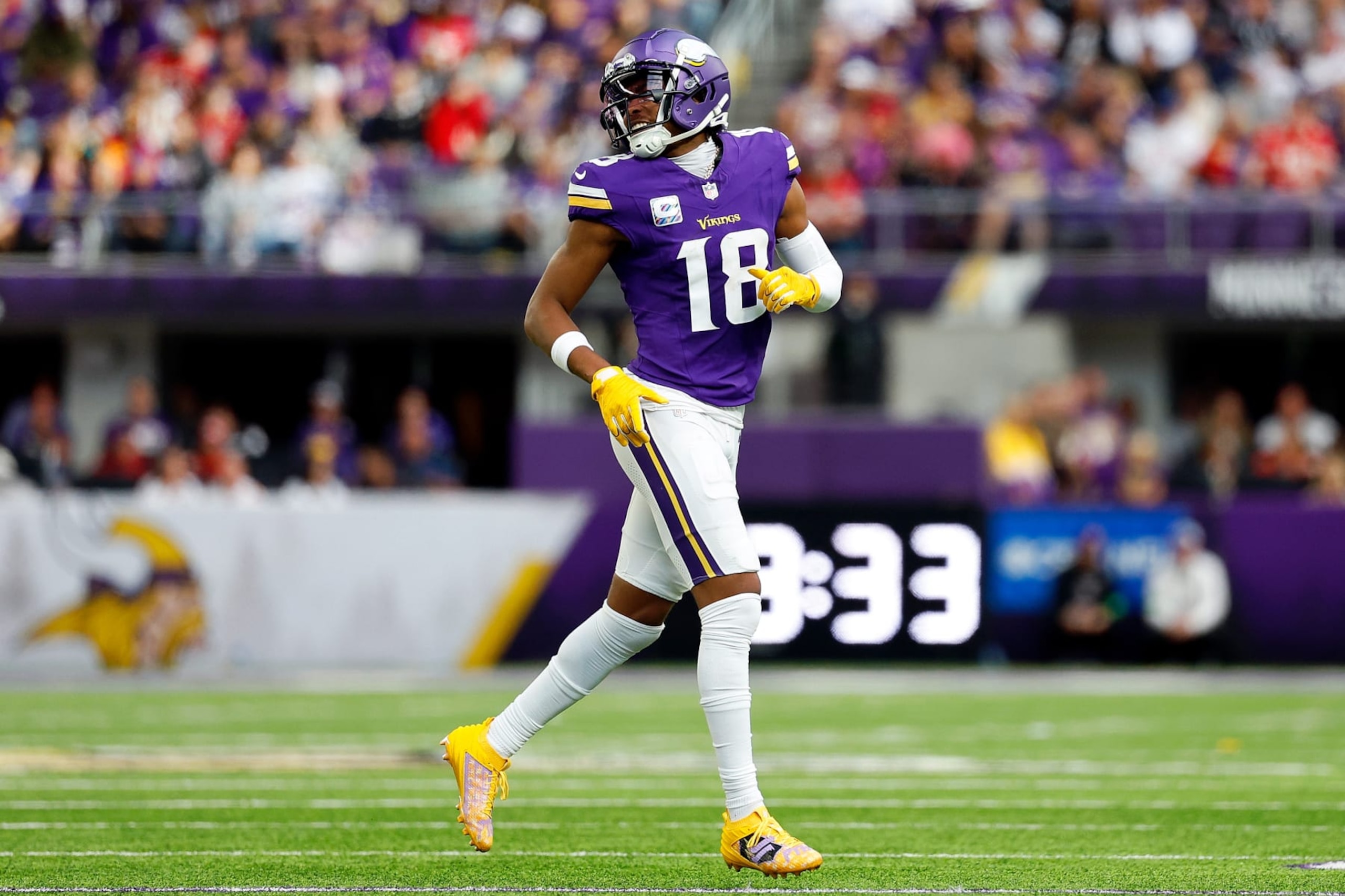 MINNEAPOLIS, MINNESOTA - OCTOBER 08: Justin Jefferson #18 of the Minnesota Vikings looks on against the Kansas City Chiefs in the first half at U.S. Bank Stadium on October 08, 2023 in Minneapolis, Minnesota. The Chiefs defeated the Vikings 27-20. (Photo by David Berding/Getty Images)