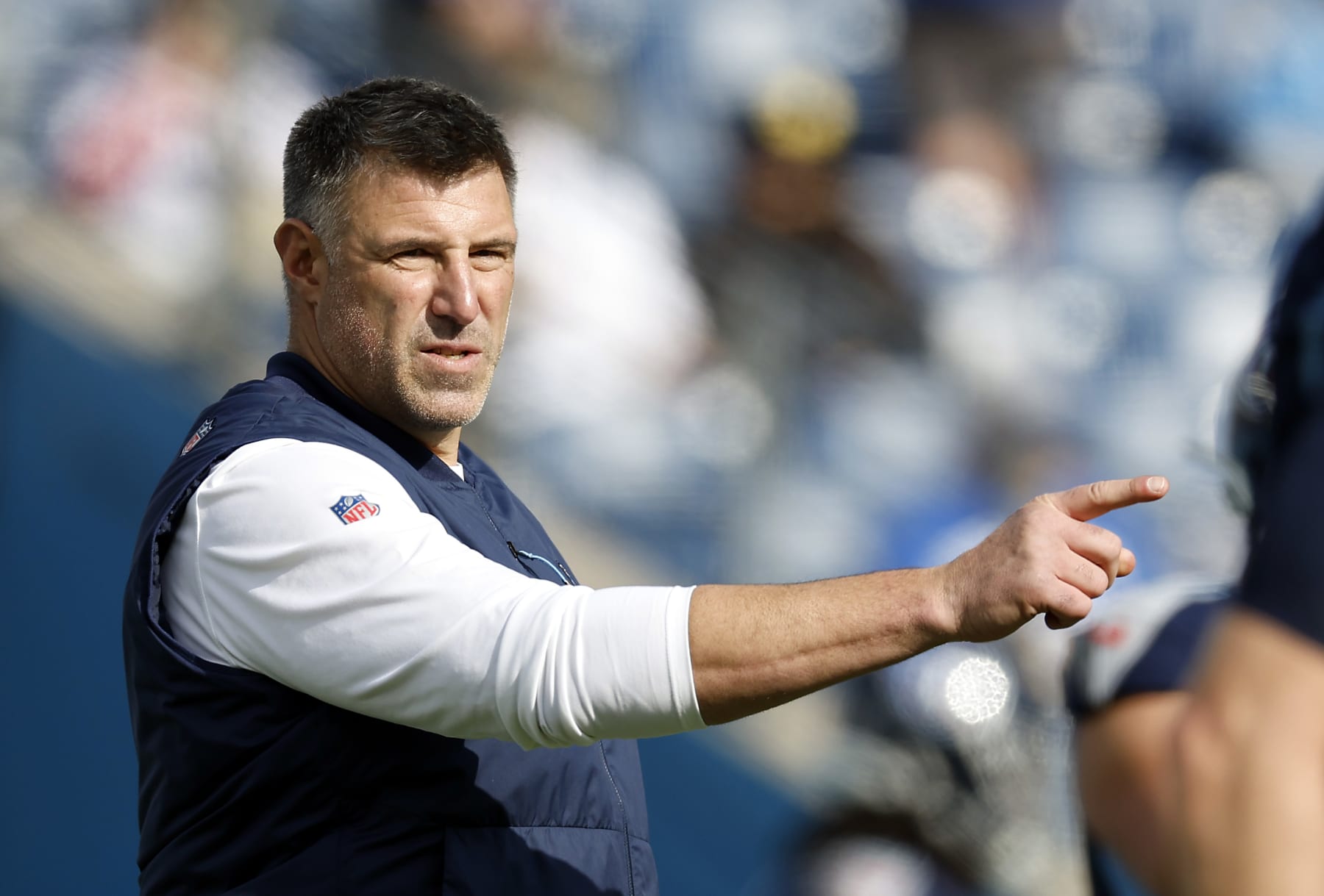 NASHVILLE, TENNESSEE - DECEMBER 03: Head coach Mike Vrabel of the Tennessee Titans looks on prior to a game against the Indianapolis Colts at Nissan Stadium on December 03, 2023 in Nashville, Tennessee. (Photo by Wesley Hitt/Getty Images)