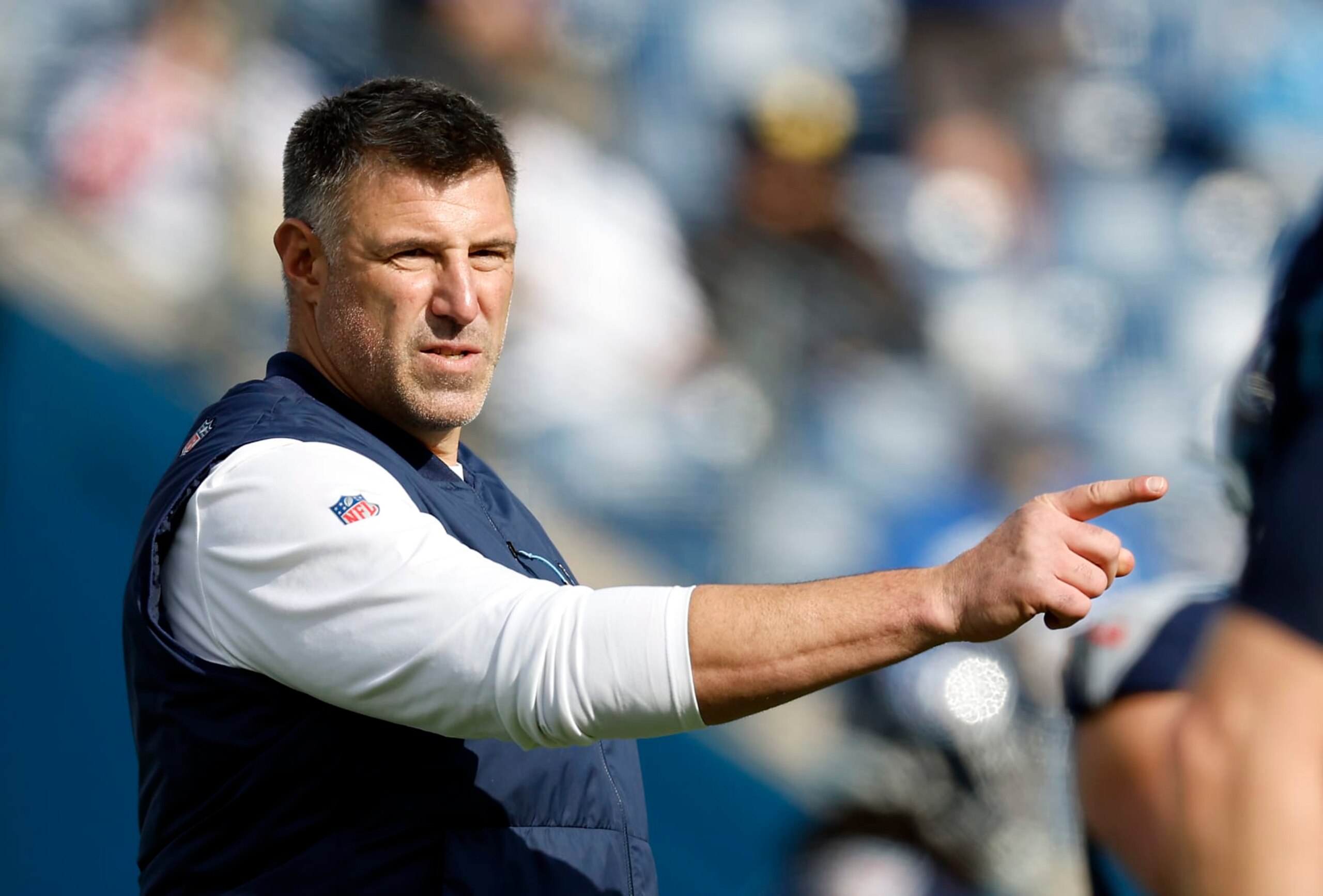 NASHVILLE, TENNESSEE - DECEMBER 03: Head coach Mike Vrabel of the Tennessee Titans looks on prior to a game against the Indianapolis Colts at Nissan Stadium on December 03, 2023 in Nashville, Tennessee. (Photo by Wesley Hitt/Getty Images)