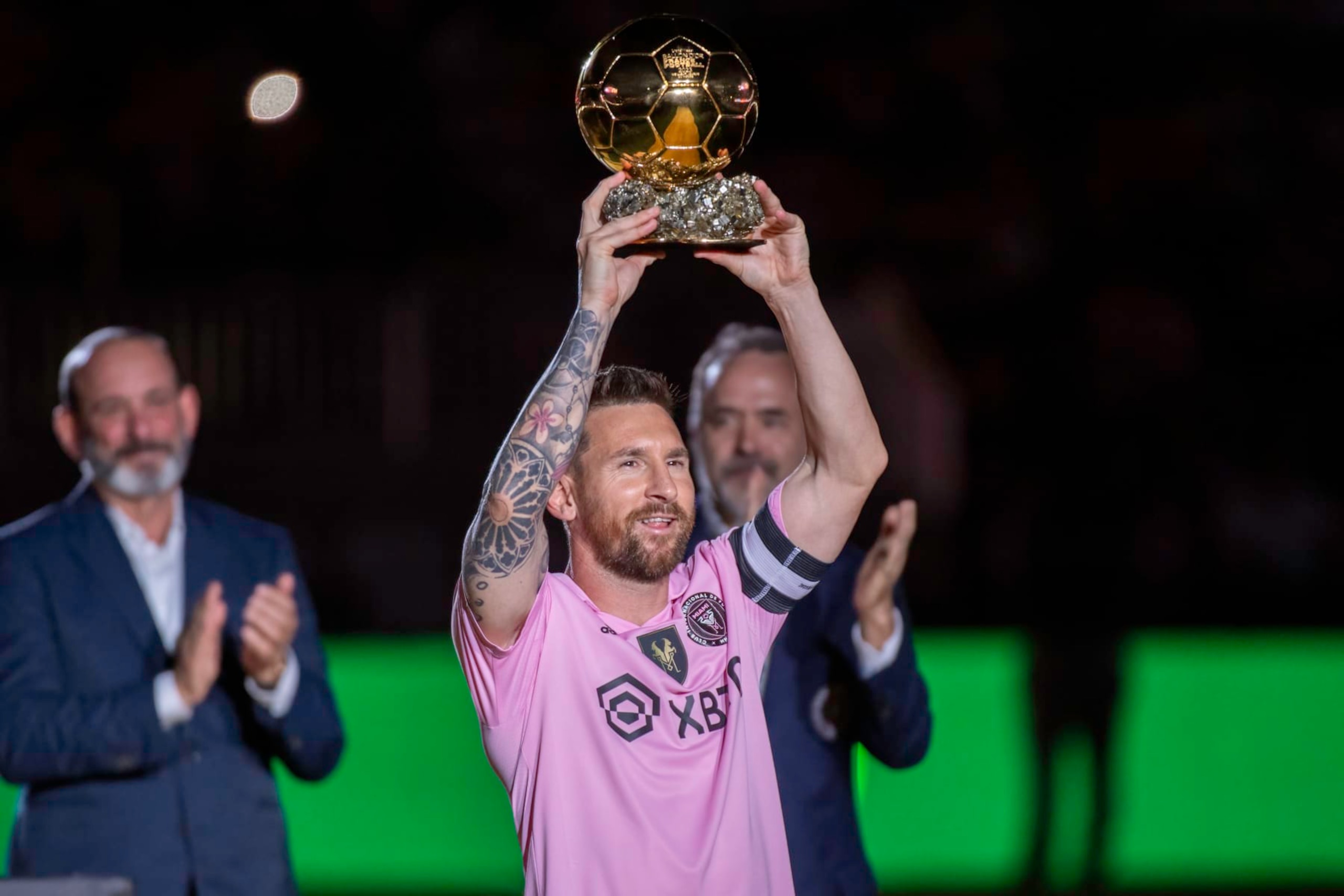 FORT LAUDERDALE, FL - NOVEMBER 10: Inter Miami FC forward Lionel Messi smiles smiles as he shows the fans his 8th Ballon d'Or award during the Noche D'Or soccer match between New York City FC and Inter Miami FC at the DRV PNK Stadium on November 10, 2023 in Fort Lauderdale, FL. (Photo by Doug Murray/Icon Sportswire via Getty Images)