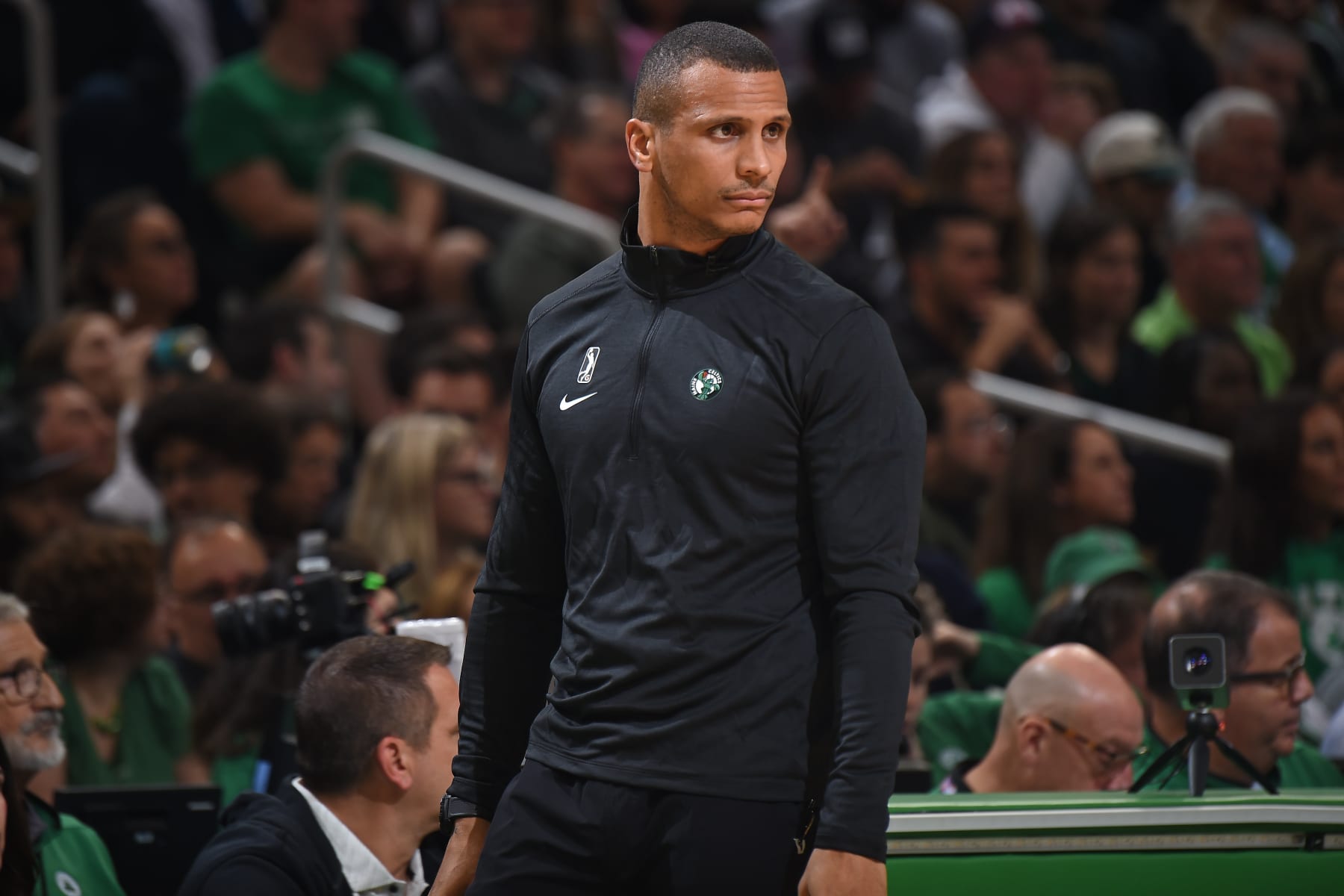 BOSTON, MA - OCTOBER 27: Head Coach Joe Mazzulla of the Boston Celtics looks on during the game against the Miami Heat on October 27, 2023 at the TD Garden in Boston, Massachusetts. NOTE TO USER: User expressly acknowledges and agrees that, by downloading and or using this photograph, User is consenting to the terms and conditions of the Getty Images License Agreement. Mandatory Copyright Notice: Copyright 2023 NBAE  (Photo by Brian Babineau/NBAE via Getty Images)
