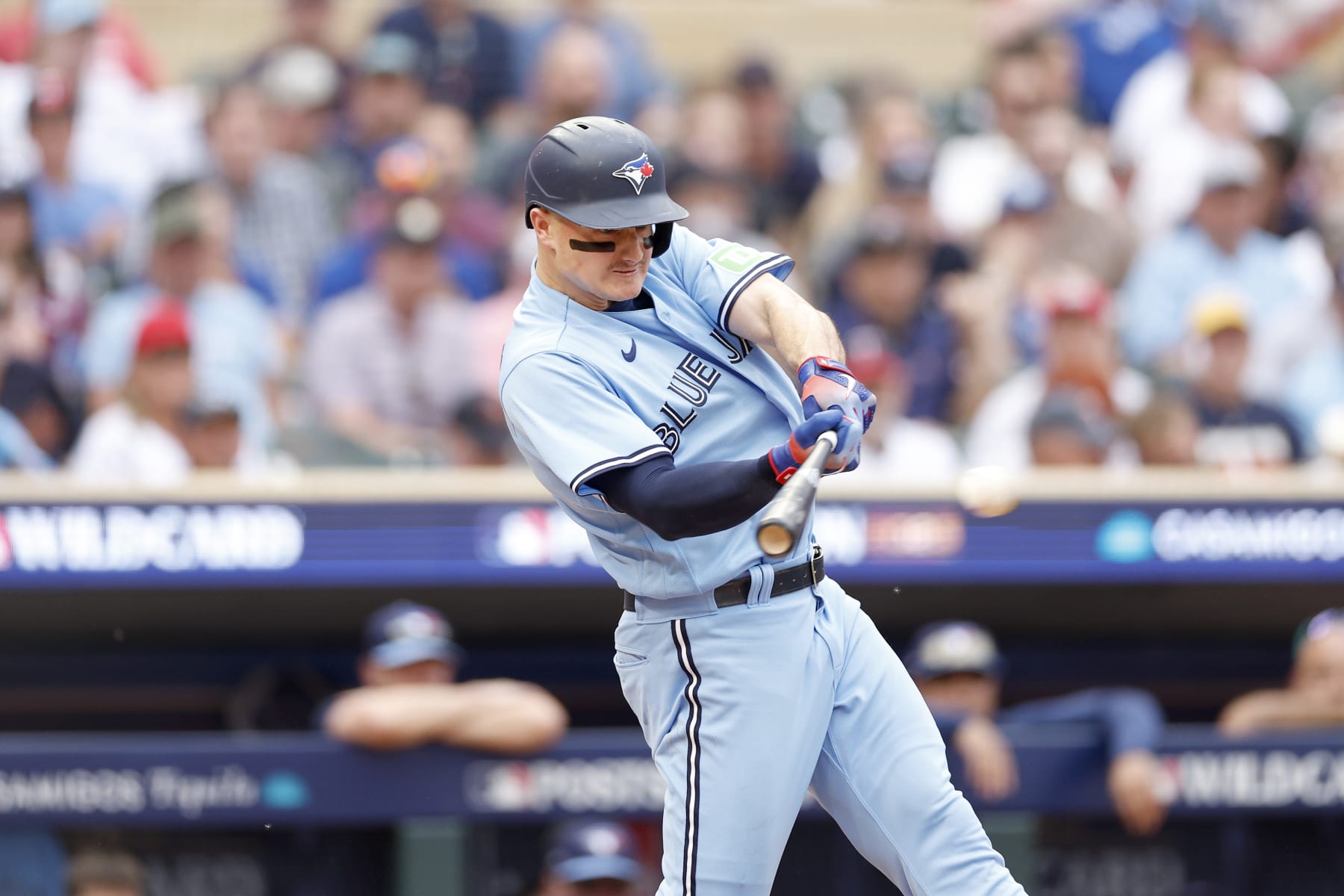 MINNEAPOLIS, MINNESOTA - OCTOBER 03: Matt Chapman #26 of the Toronto Blue Jays hits a single against the Minnesota Twins during the fifth inning in Game One of the Wild Card Series at Target Field on October 03, 2023 in Minneapolis, Minnesota. (Photo by David Berding/Getty Images)