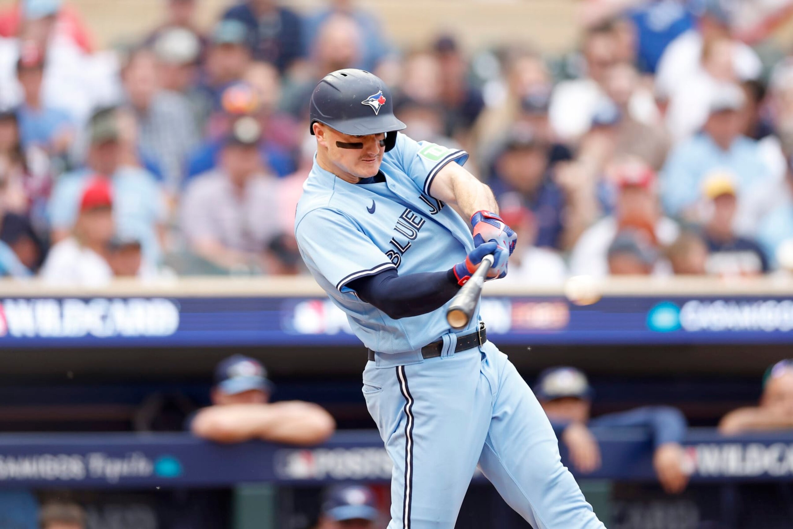MINNEAPOLIS, MINNESOTA - OCTOBER 03: Matt Chapman #26 of the Toronto Blue Jays hits a single against the Minnesota Twins during the fifth inning in Game One of the Wild Card Series at Target Field on October 03, 2023 in Minneapolis, Minnesota. (Photo by David Berding/Getty Images)