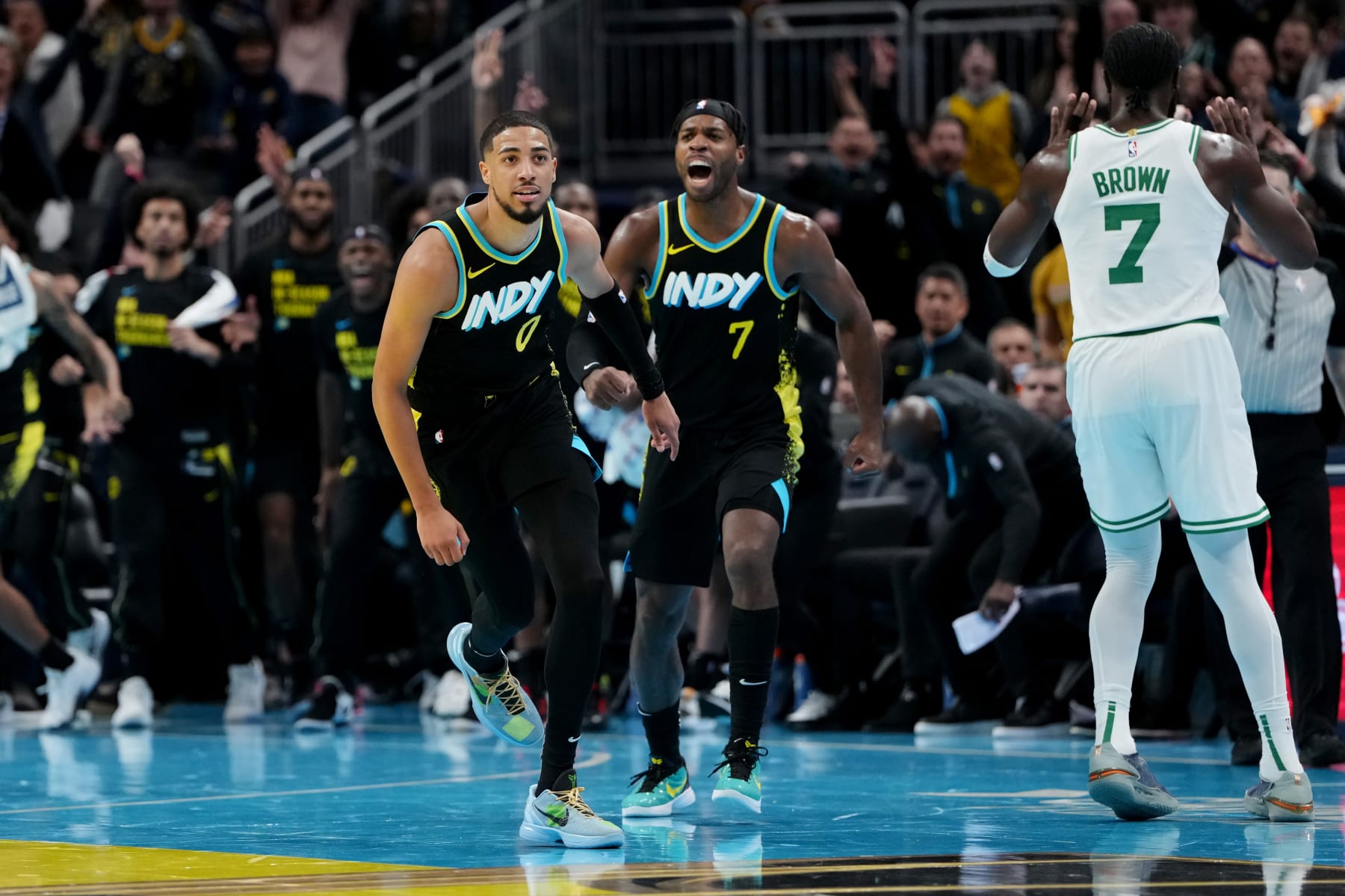 Tyrese Haliburton, Buddy Hield and Jaylen Brown